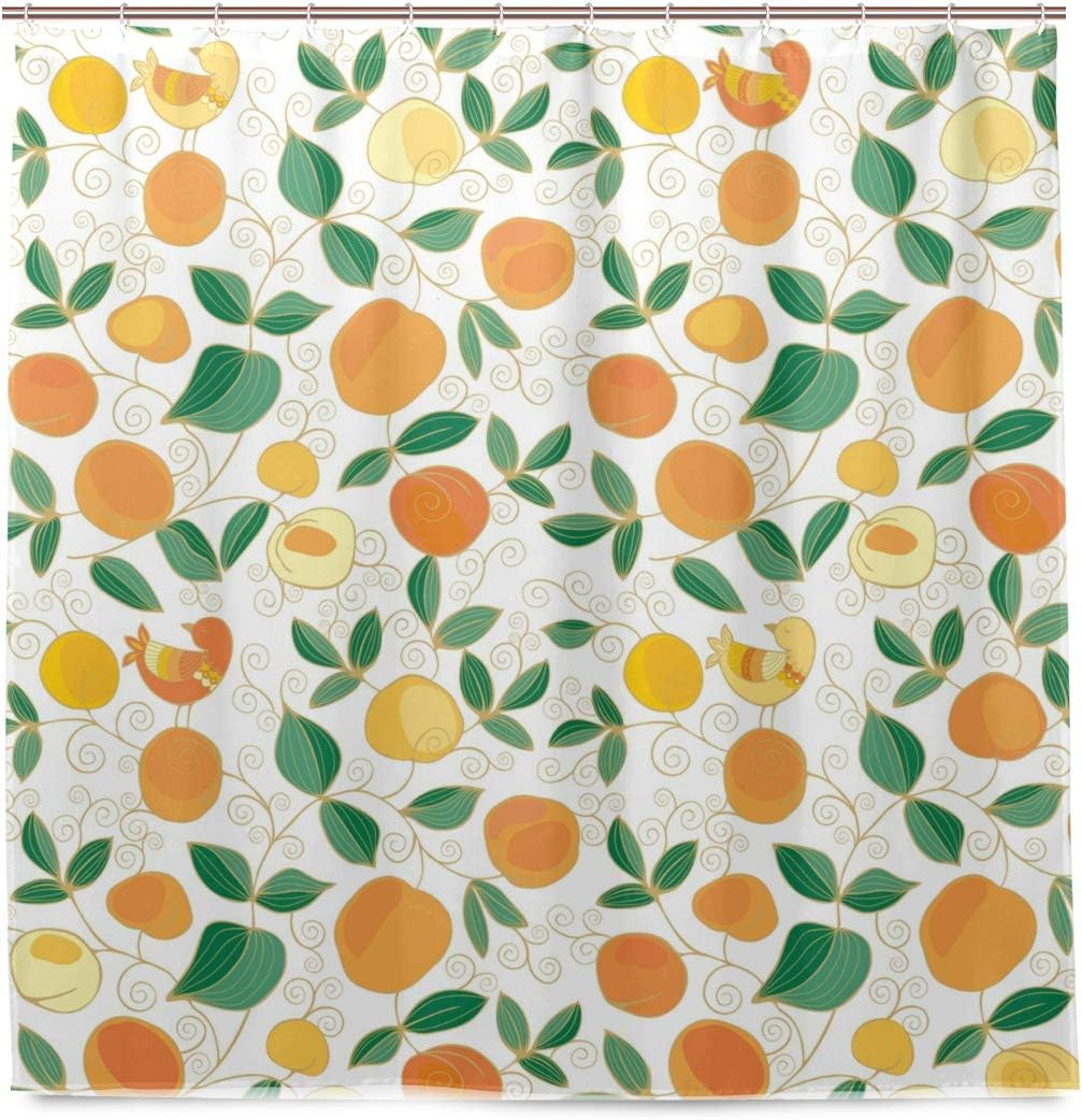 Peach Shower Curtain Yellow Peach Fruit with Green Leaves and Yellow Decorative Bird Pattern for Bathroom Decor Cloth Shower Curtains Set Polyester Waterproof Fabric with 12 Hooks 72x72 Inch