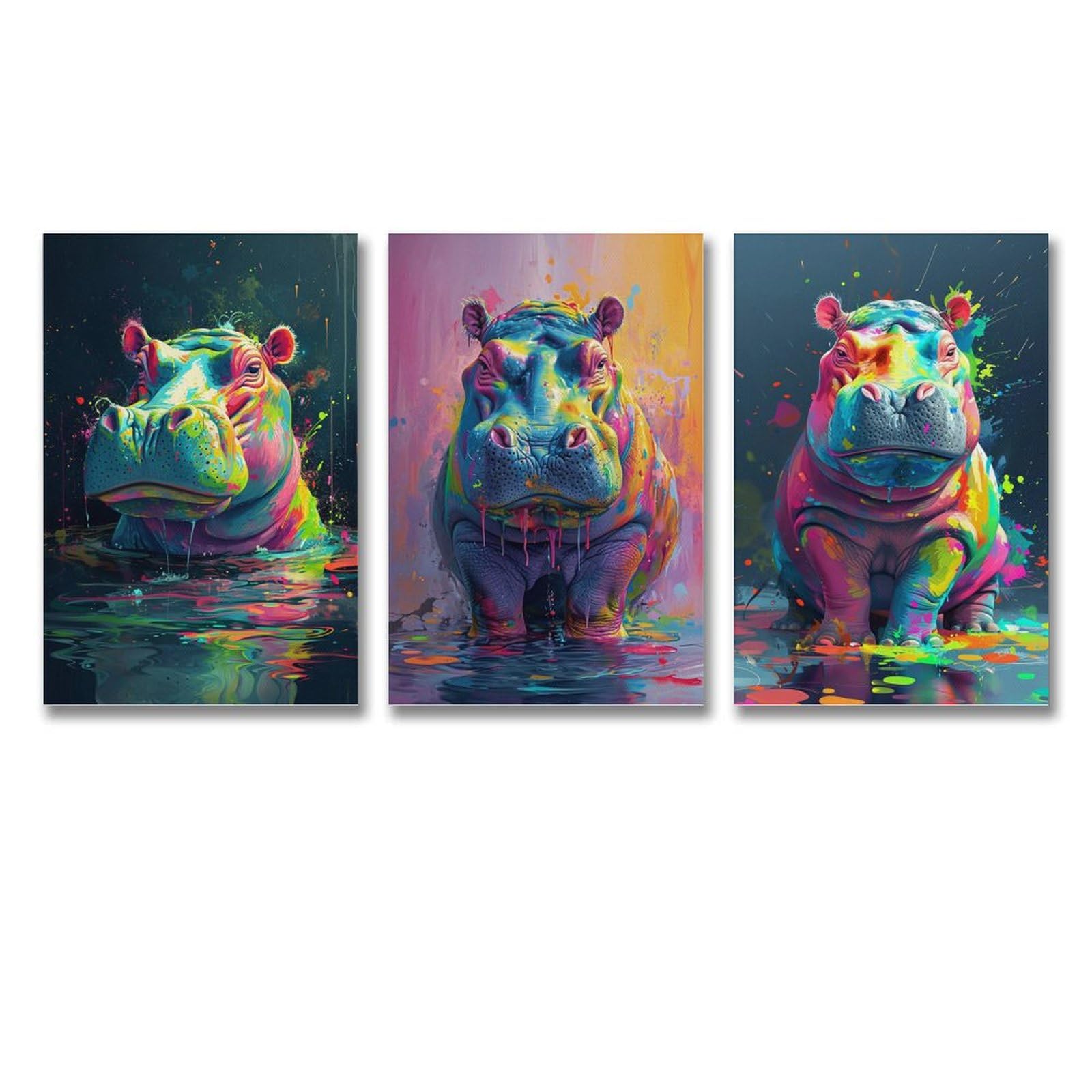 カバの油彩画 大きめのキャンバス Amazon.co.jp: 3枚 ペイントされたカバ 絵画 インテリア ポスター 動物