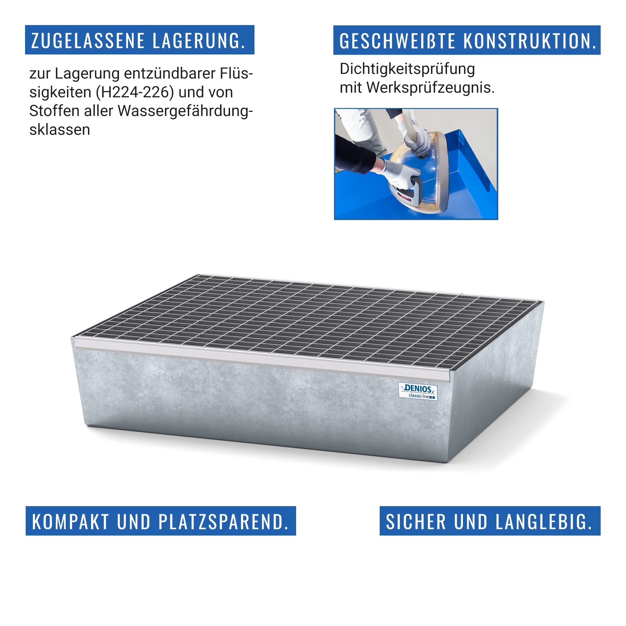 Kleingebindewanne classic-line aus Stahl, verzinkt, mit Gitterrost, 635x785x178