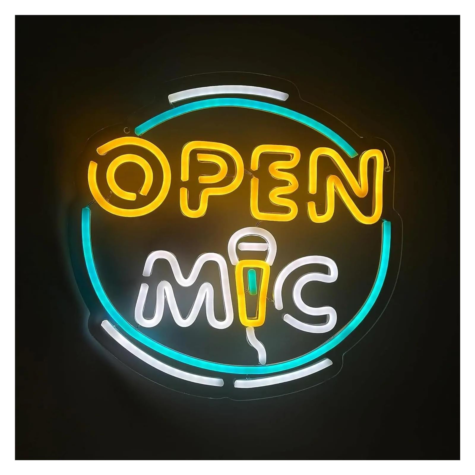 XENITE Hanging Art Neon Signs Open Mic Neon Sign LED Light Dimmable USB Powered for Recreation Room Game Party Bar Pub Club Music Studio Decor 32cmx33.5cm