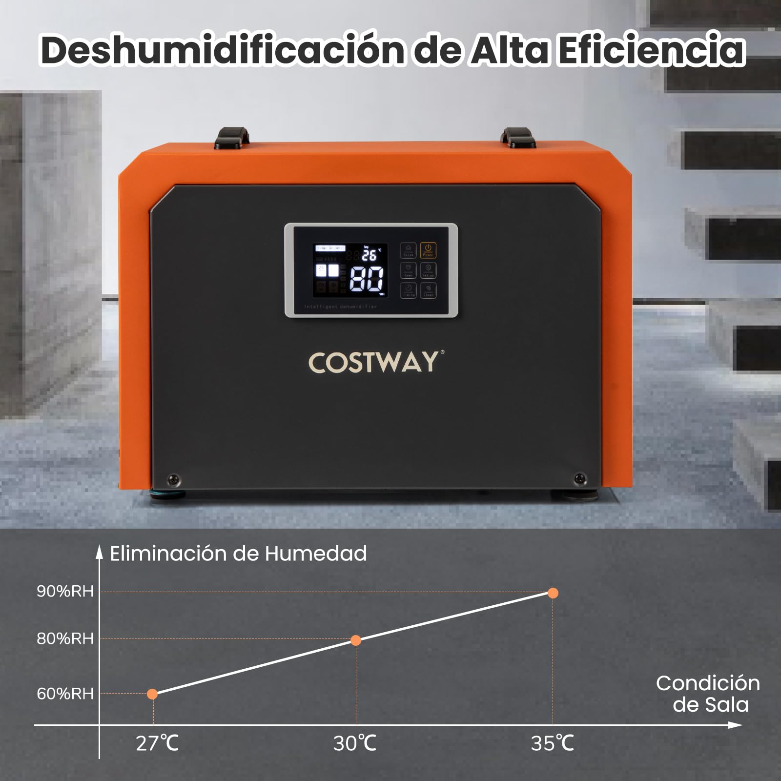 COSTWAY Deshumidificador Industrial 60L/día, Deshumidificador Comercial con Manguera de Drenaje, Temporizador 24H, Descongelación Automática, para Sótano, Almacén, hasta 560 ㎡