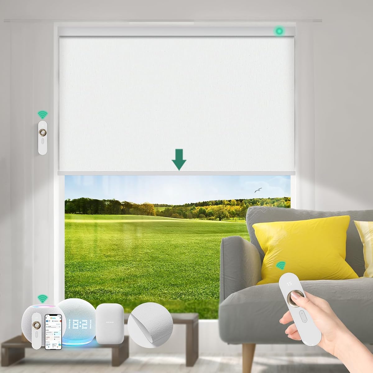Motorized Blinds with Remote [100% Blackout & Silent Motor] Smart Blinds Compatible with Alexa Google HomeKit, Electric Shades for Indoor Windows, Customized Size, Linear Moonlight White