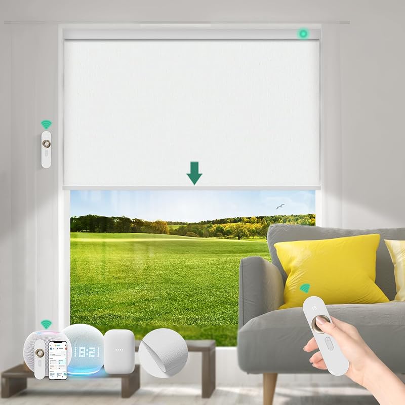 Persianas motorizadas con control remoto [100% apagón y motor silencioso] Persianas inteligentes compatibles con Alexa Google HomeKit, persianas eléctricas para ventanas interiores, tamaño personalizado, luz de luna lineal blanca
