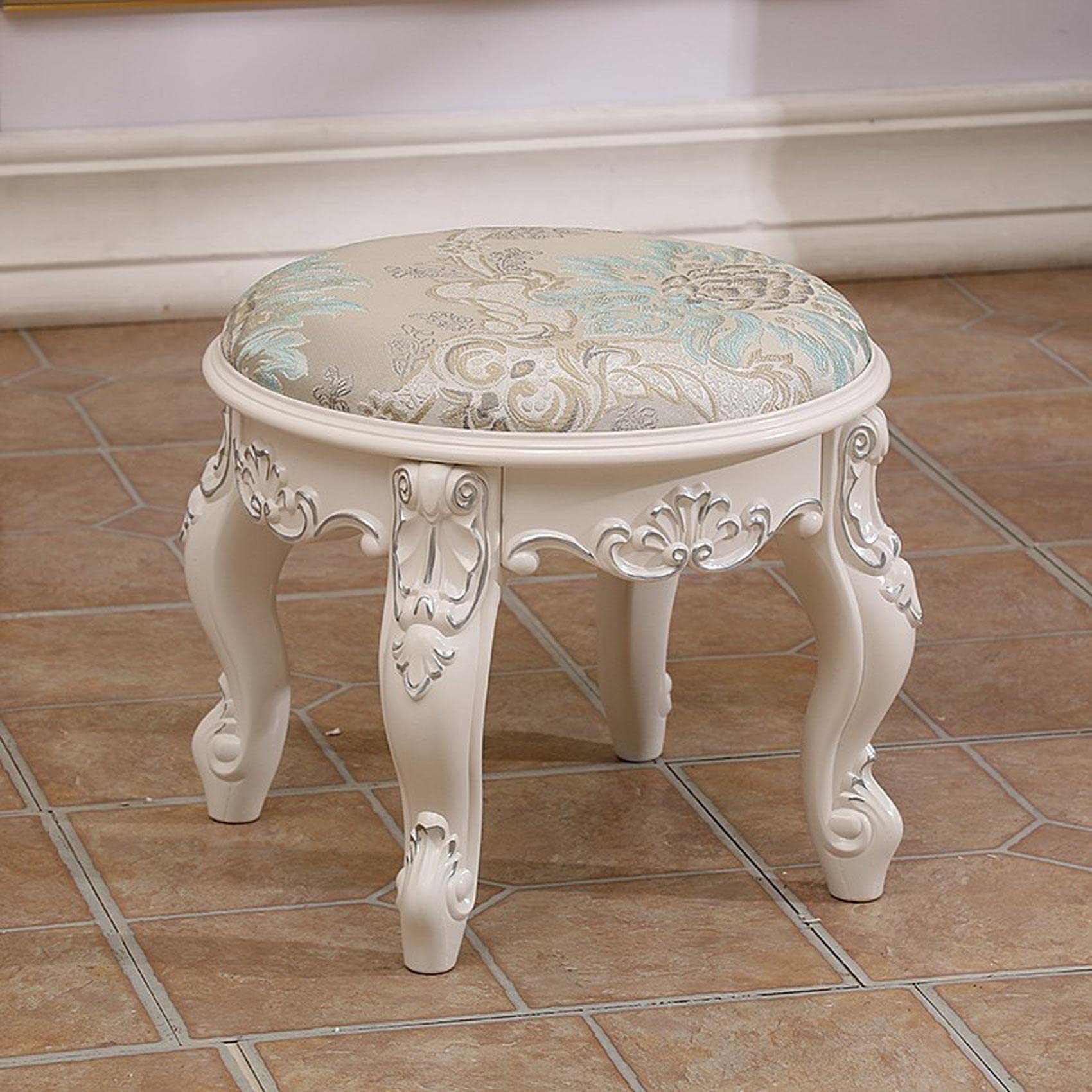 Repose-Pieds Ottoman Rond en Bois Tabouret de Toilette Orchidée Argent 32cm