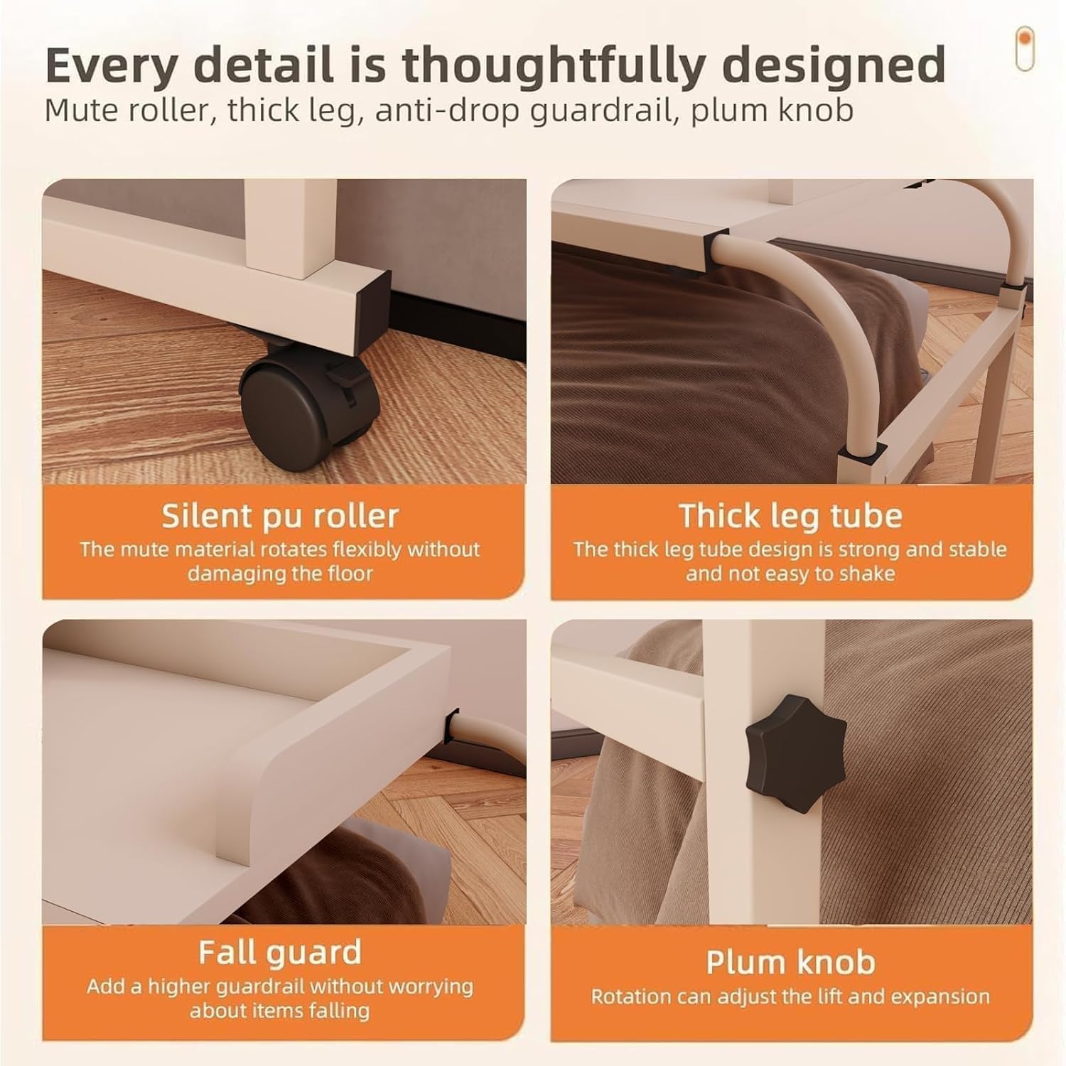 Table de lit réglable en hauteur avec roulettes, 120 à 210 cm, bureau mobile sur lit, canapé ou bureau, support réglable de 65 à 95 cm, chariot mobile pour ordinateur portable, bureau