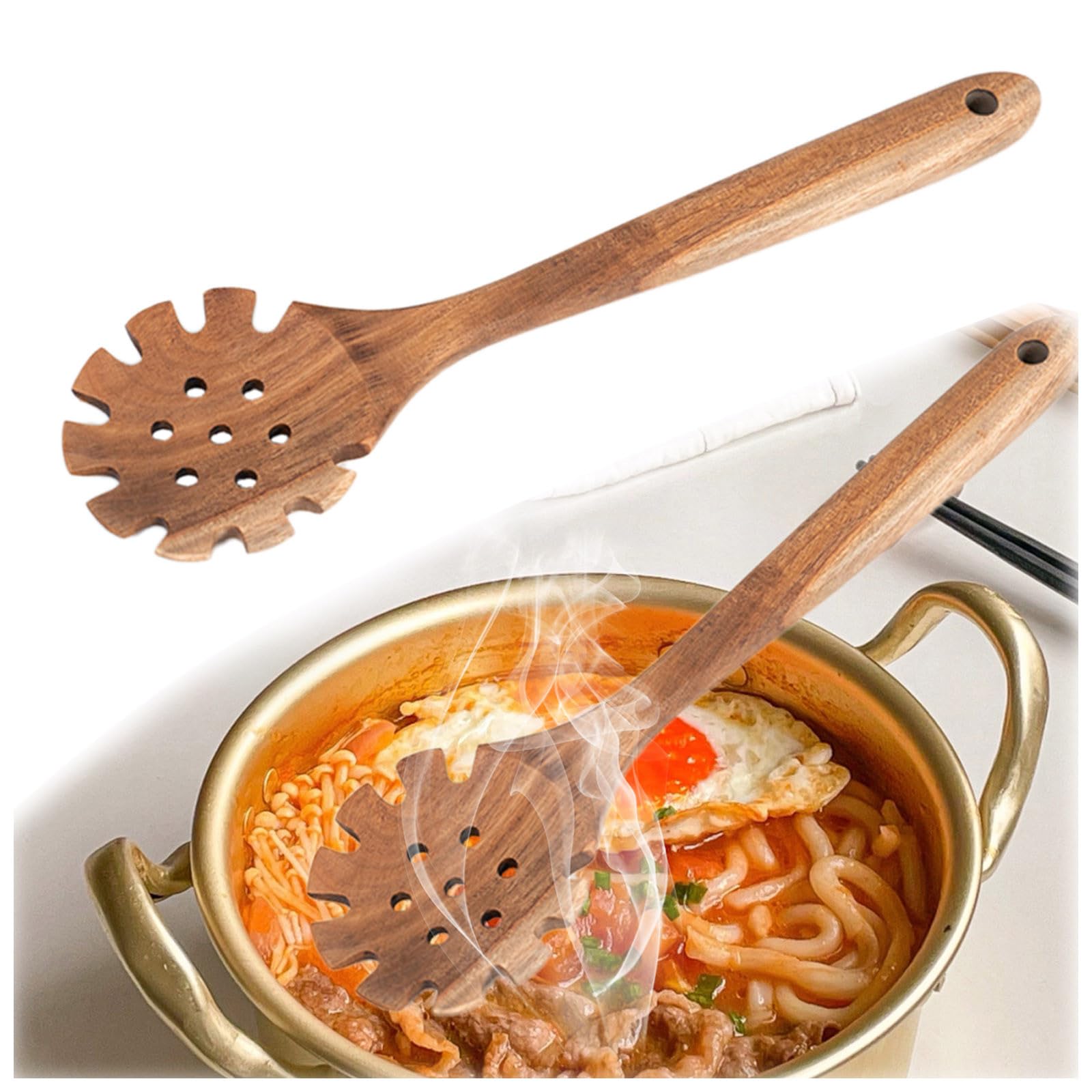 Cucchiaio Per Spaghetti In Legno Di Teak Con Denti: Mestolo Scanalato Per Pasta Da 32 Cm