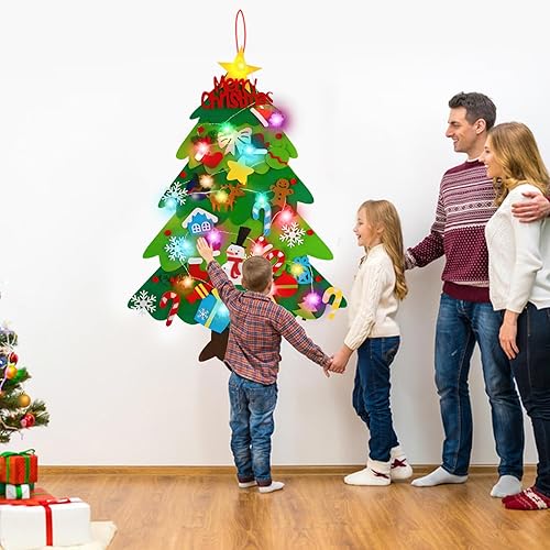 Miniatura 8 de EMPOF Árbol de Navidad de fieltro para pared de niños, árbol de Navidad de fieltro para niños pequeños con coloridas luces de copo de nieve + 32