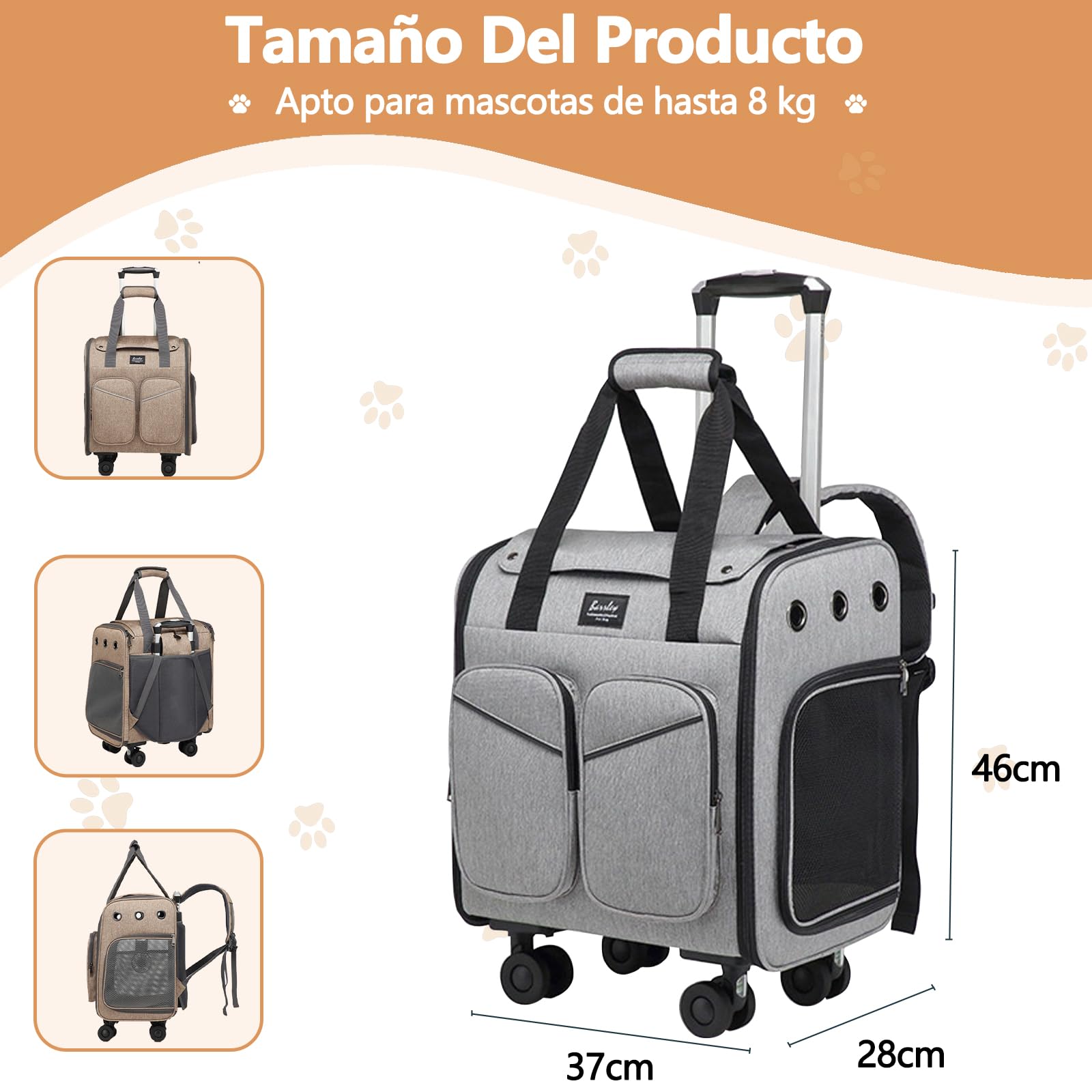 Galatée Maleta con Ruedas para Mascotas, Fabricada En Malla De Poliéster Ventilada, con Frenos para Absorción De Impactos y Agarres Antideslizantes, Apta para Gatos y Perros(Gris)