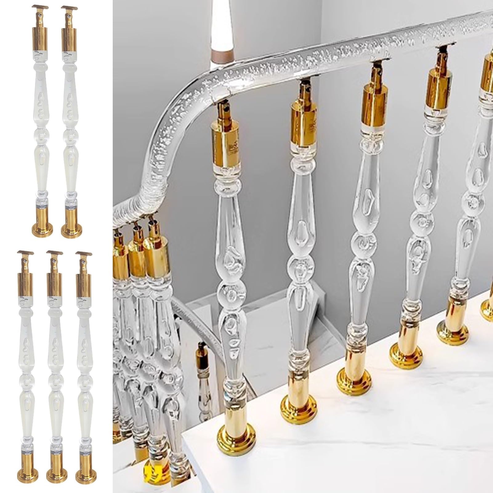 GLDYTVF Modern Acrylic Stair Railing Balusters, Transparent Stair Handrail Post Column, Interior Staircase Baluster Spindles with Gold Hardware(5 PCS,85cm(33 1/2"))