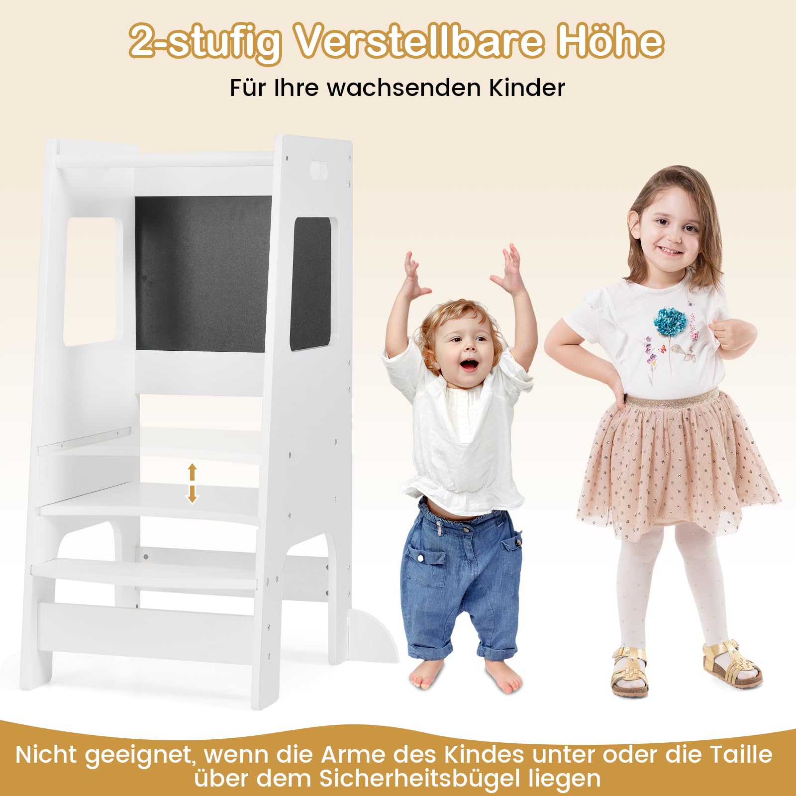 DREAMADE Lernturm ab 1 Jahr, Tritthocker Holz mit doppelseitiger Tafel, Learning Tower Höhenverstellbar, Lernturm Kinder mit Sicherheitsschiene, belastbar bis 60kg (Weiß)