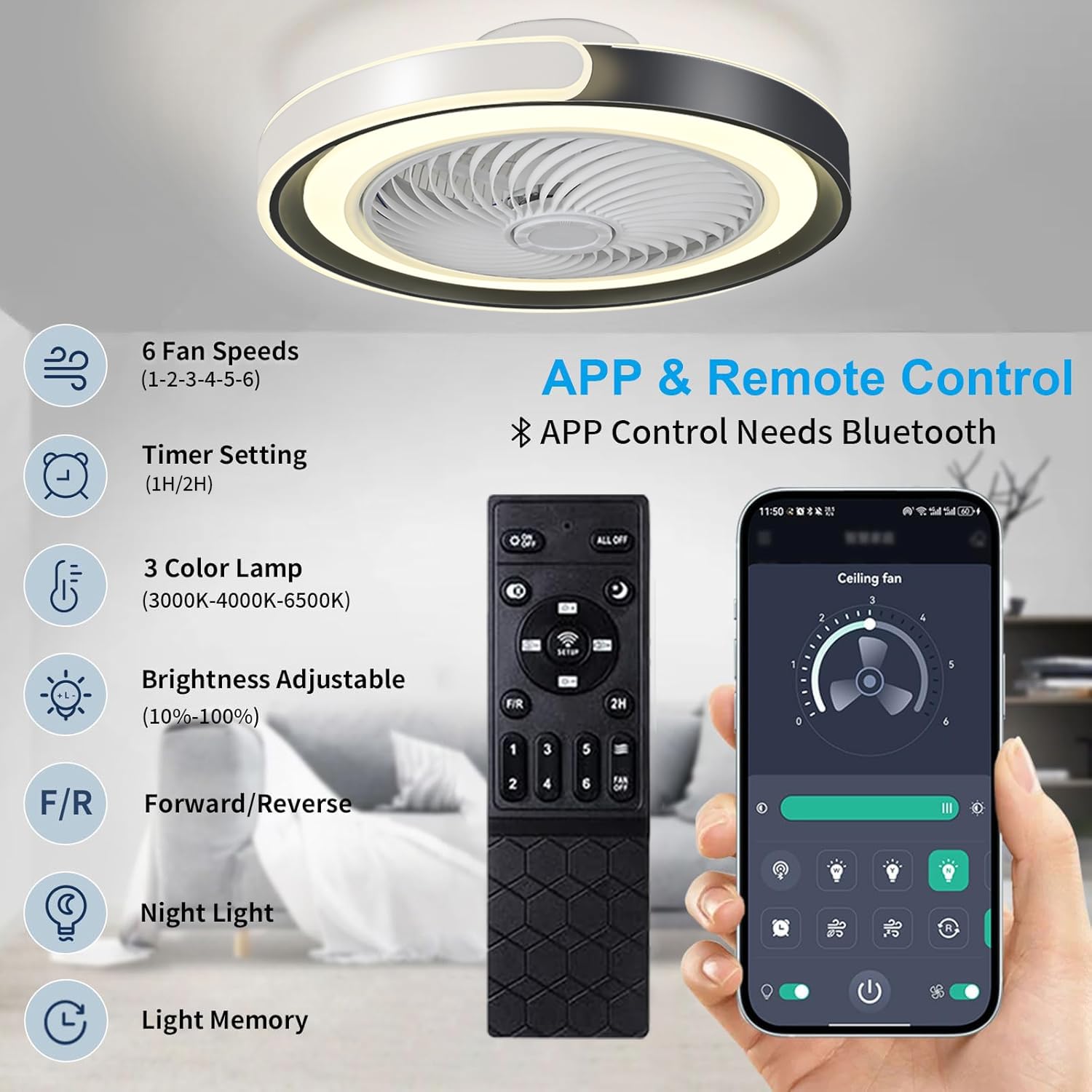 50cm Ventilateur Plafond Silencieux avec Lumiere, Dimmable Plafonnier LED 70W Ventilateur de Plafond avec télécommande APP, 6 Vitesses, Minuterie, pour Salon, Chambre, Cuisine(Noir+Blanc)