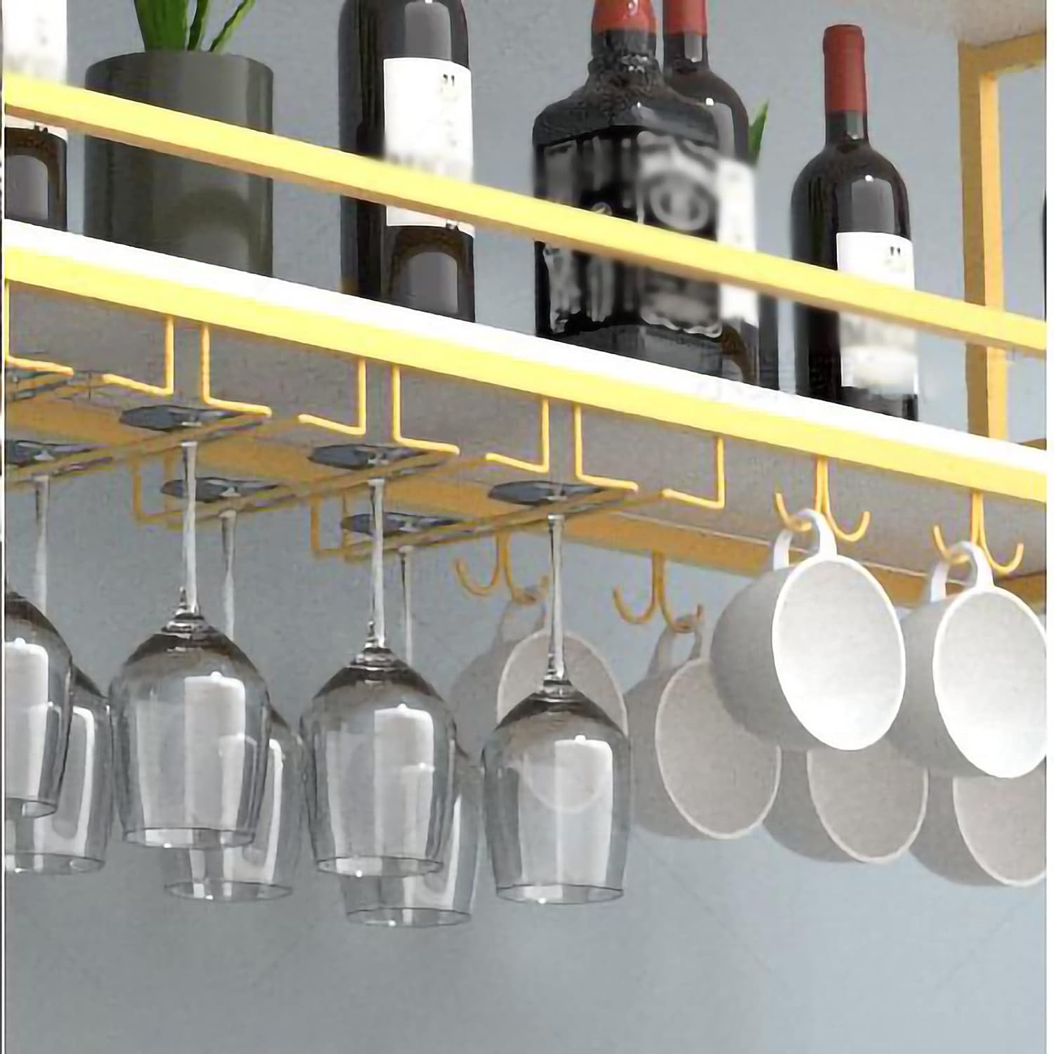 Hanging Wine Rack with Glass Holder and Shelf, Industrial Vintage Bar Floating Shelf with Guardrail, Ceiling Mounted Hanging Wine Bottle Holder,Gold-100x30x50cm