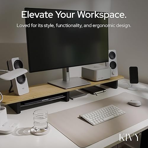 Miniatura 8 de KIVY Elevador de monitor doble con estante de metal integrado - Estante de escritorio de madera para la parte superior del escritorio - Soporte de