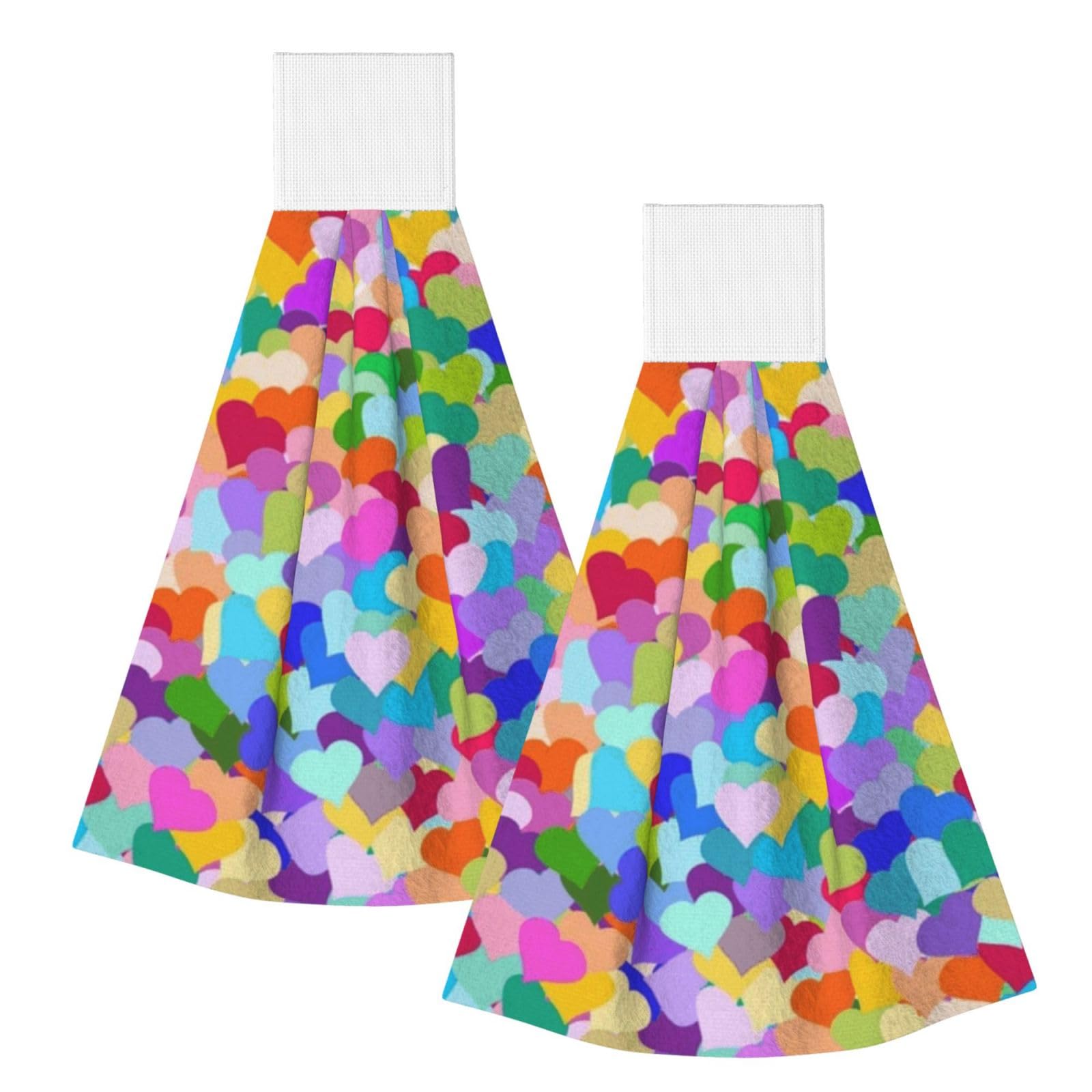 DOPKLNA Rainbow Heart Confetti, 2 Pcs Hanging Coral Fiber Hand Towels for Bathroom, Absorbent Kitchen Towels