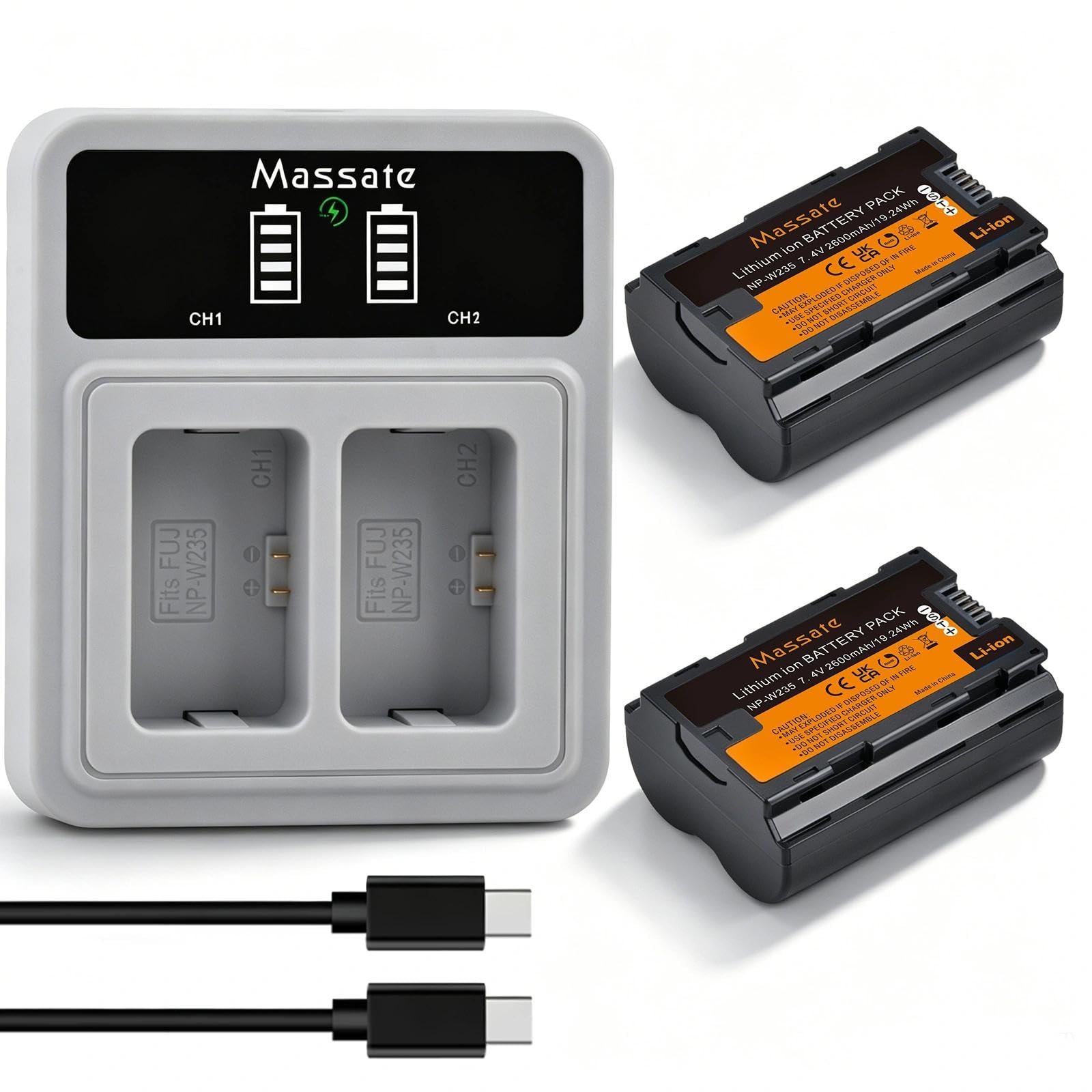 NP-W235 2Pcs 2600mAh Batterie + PD20W LED Chargeur Rapide - Charge Complète en 2,5 Heures - Batterie NP-W235 pour Fujifilm XT5, XT4, XS20, XH2, XH2S, GFX 50S II, GFX 100S