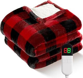 MAXEVE Electric Heated Sherpa Buffalo Plaid Christmas Throw Blanket - 8 Heat Levels, 8Hr Auto-Off, Fast Heating, Washable, Overheat Protection, Red