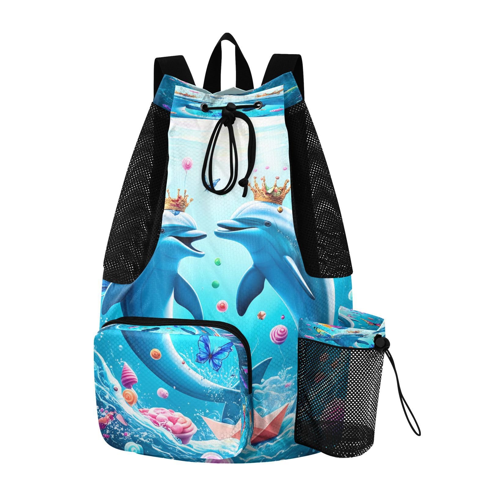 Lyeorm Playful Dolphins Swim Bag Mesh Sports Drawstring Backpack with Wet Pocket Waterproof Swimming Gym Backpack for Men Women
