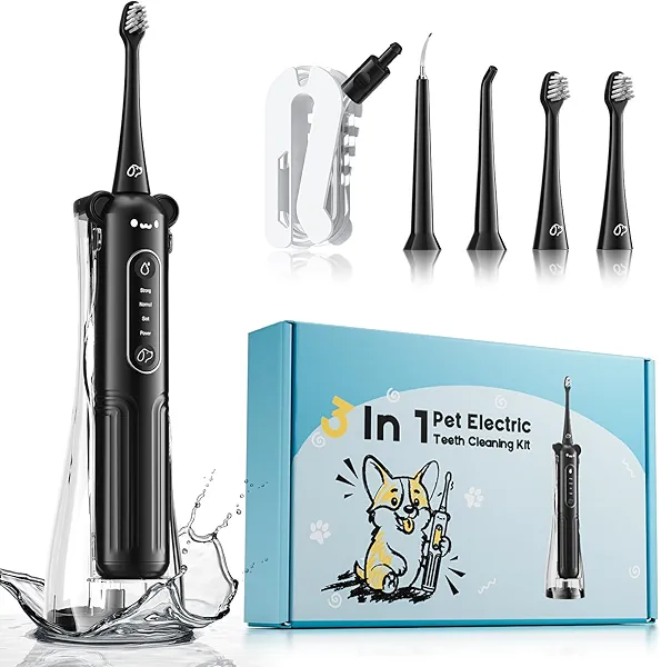UNINGOPI Puppy Tooth Brushing Kit for Dog Teeth Cleaning, 3-in-1 Dog Toothbrush Kit, Electric Toothbrush with Water Flosser, IPX7, 1100mAh Battery(Black)