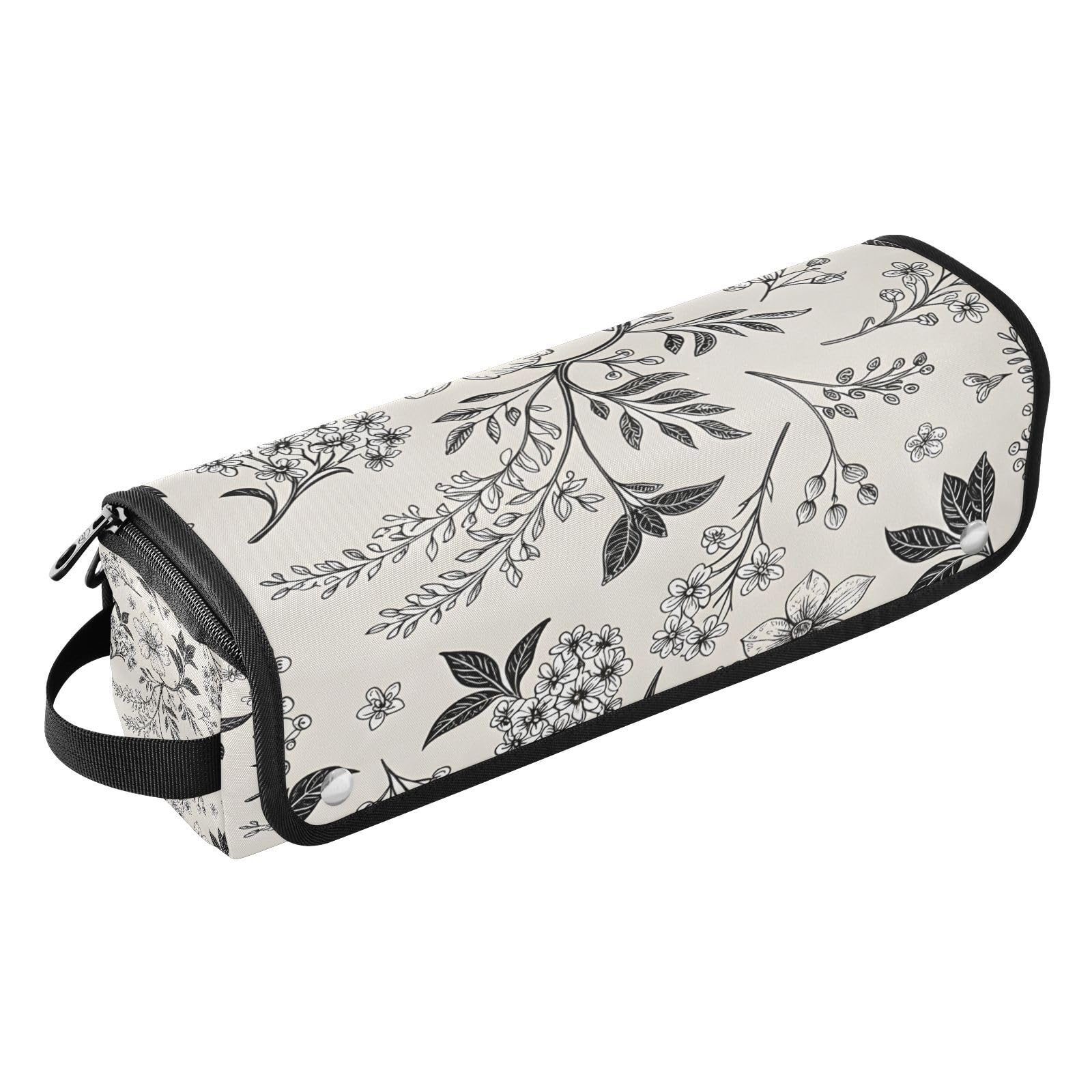 Flowers Black and White Hair Tools Travel Bag Portable Hair Accessory Organizer with Heat Resistant Mat 2 in