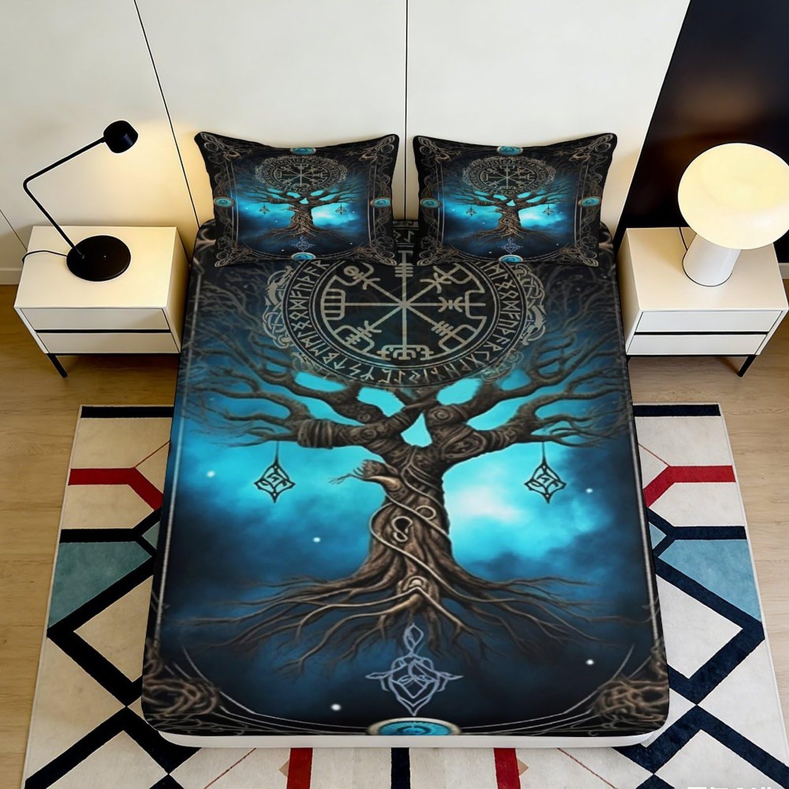 3D Printed Mystic Tree Fitted Sheet Microfiber Soft Blue Fantasy Forest Bed Cover for Bedroom Dorm Decor Mattress Protection 90x200x25cm