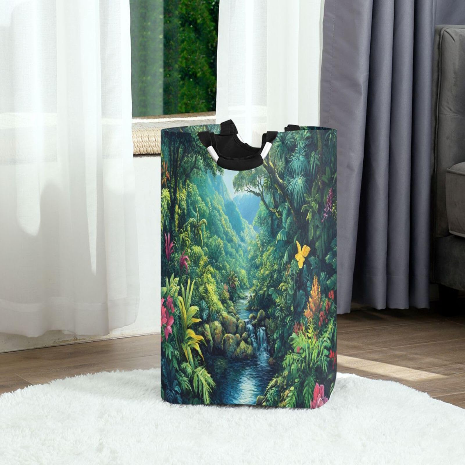 Jihqo Laundry Hamper Basket Tropical Jungle Water Collapsible Nursery Storage Bin Waterproof Clothing Baskets for Home Bedroom Bathroom Washing Room