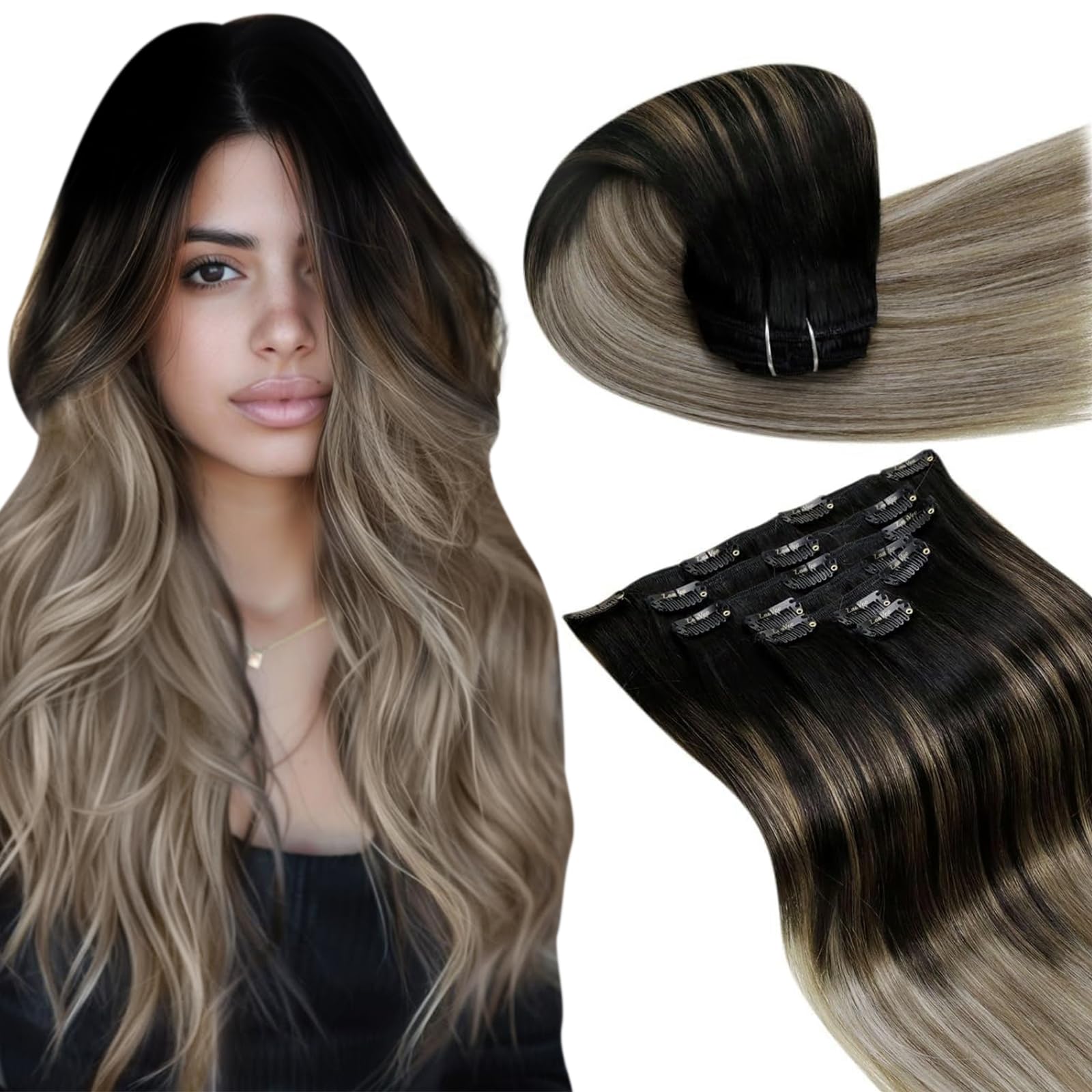 LaaVoo Clip in Hair Extensions Real Human Hair Black Hair Extensions Clip in Straight Balayage Light Brown & Blonde Remy Hair Full Head Double Weft 80g 5pcs 12 Inch #1b/8/22