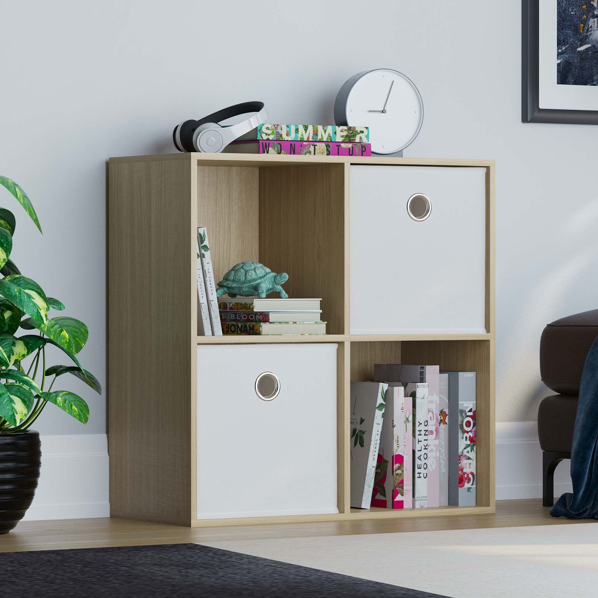 Vida Designs Durham Cube Bookcase Storage Organiser Living Room Bookshelf Home Office Furniture (4 Cube & 2 White Baskets, Oak)