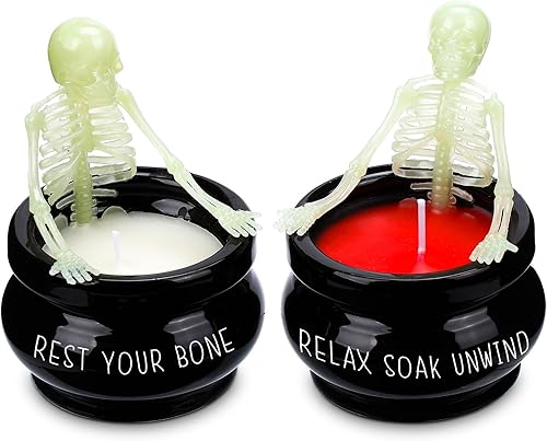 Capoda 2 velas de esqueleto de Halloween con diseño de calavera estilo vintage, decoración gótica, diseño de esqueleto con baño de sangrado, regalo