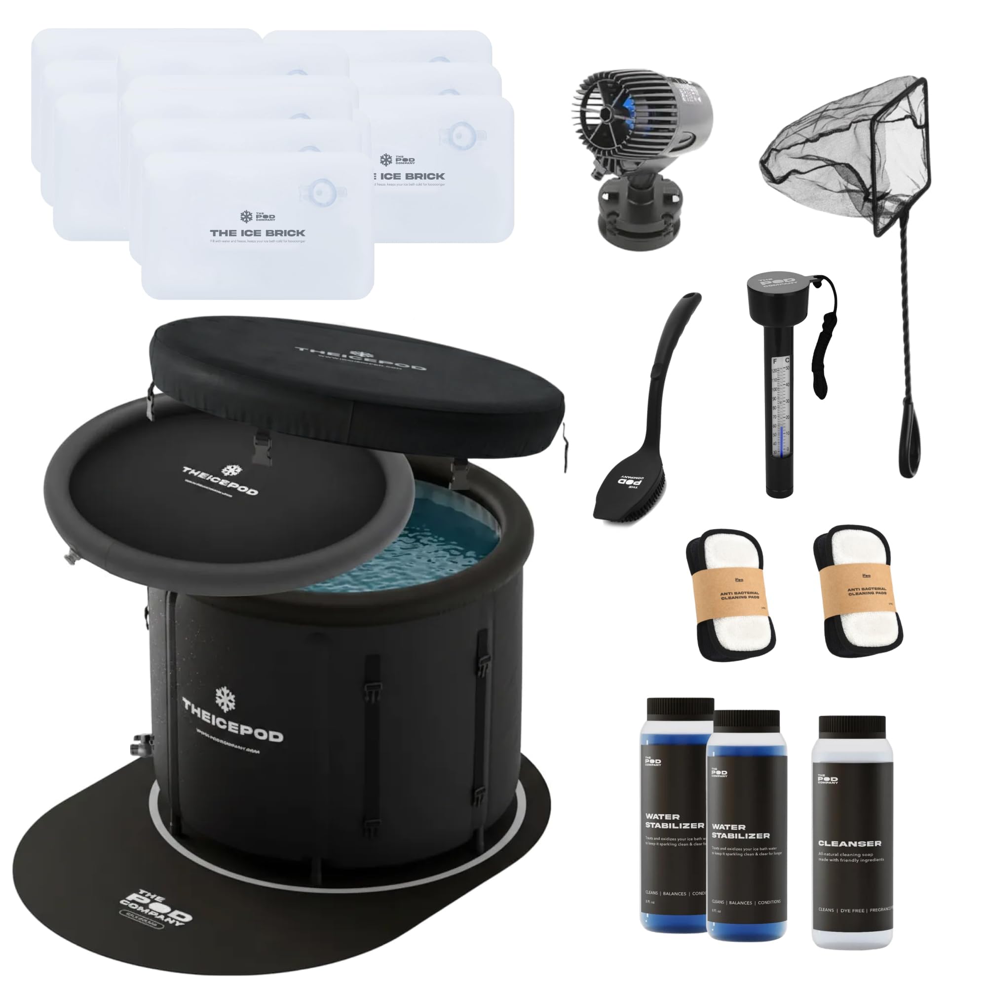 The Pod Company Standard Ice Pod Complete Cold Plunge Bundle – 84-Gallon Portable Ice Bath with 36 XL Ice Trays, Insulated Lid &amp; Cover, Water Jet, Maintenance &amp; Cleaning Kit, Thermometer &amp; Floor Mat