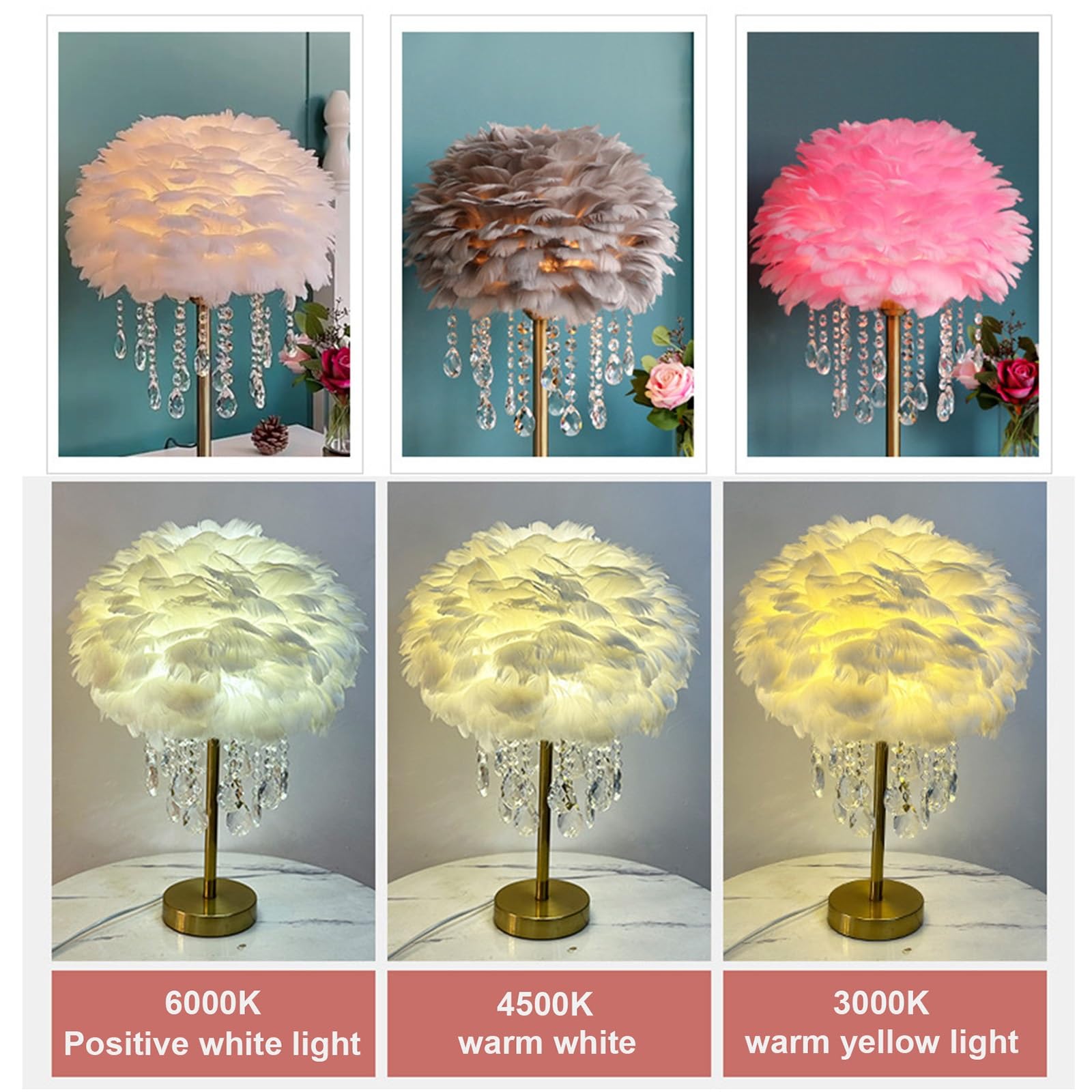 Lampada da tavolo a piuma con cristallo unico - luce a temperatura a 3 colori, luce notturna della scrivania con filo plug-in perfetto per regalo di nozze a fianco letto della camera(Champagne color)