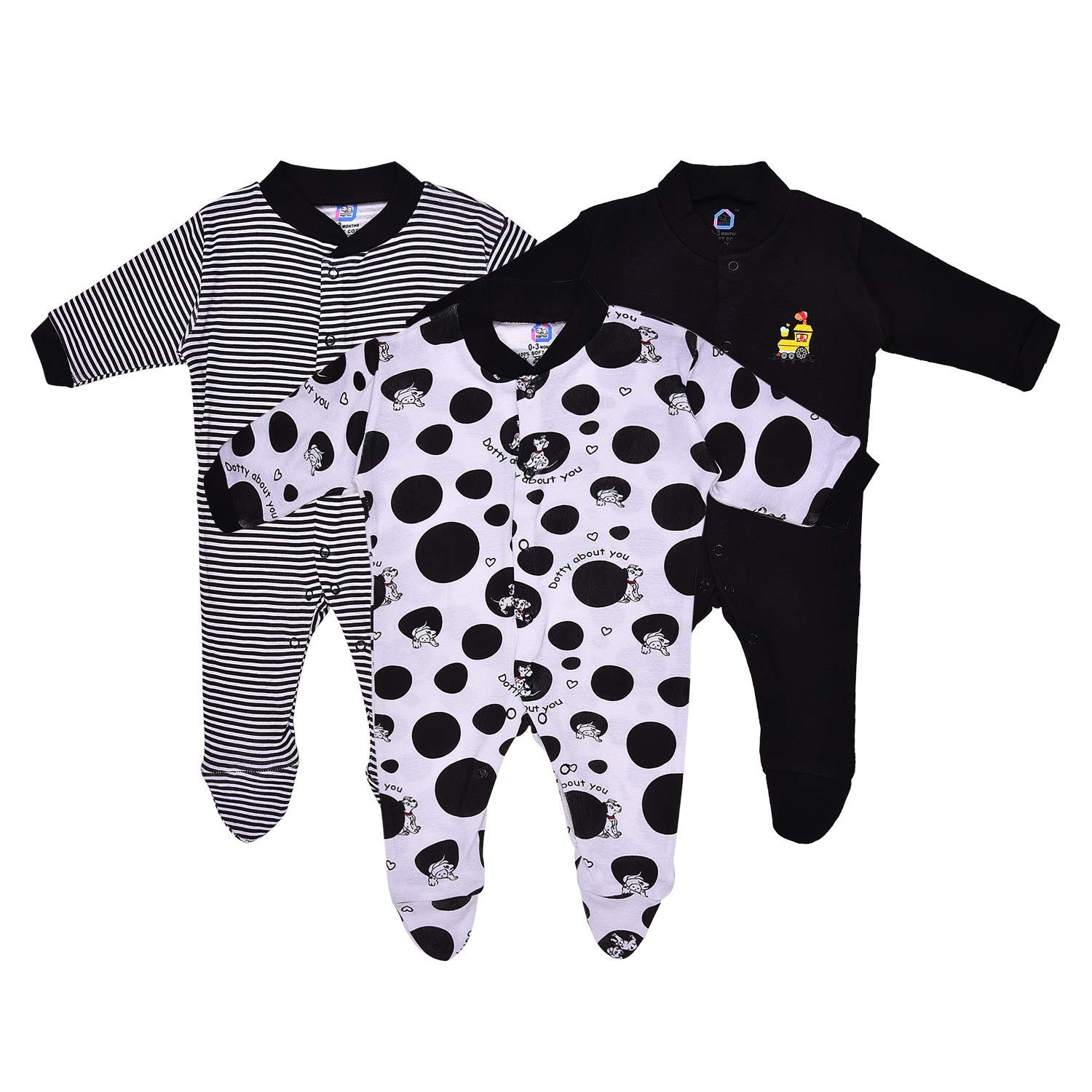 Baby NeedsBaby Needs New Born Baby Multi-Color Long Sleeve Cotton Sleep Suit Romper for Boys and Girls Set of 3 (Newborn, Black)
