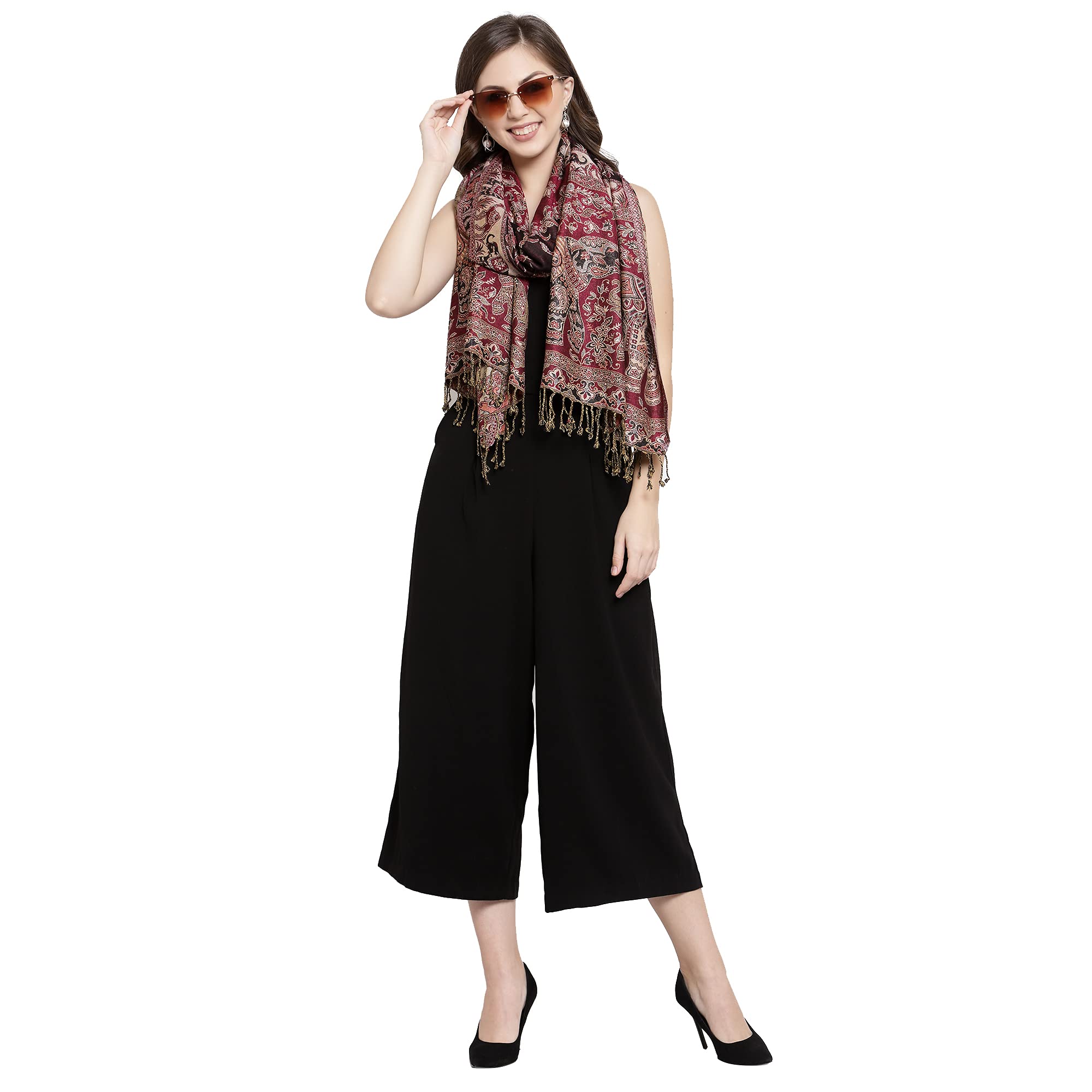 Pashtush Womens Bamboo Reversible Stole, Safari Elephants, Maroon and Black 2