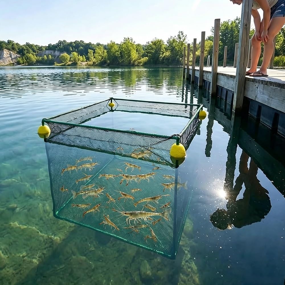 Schwimmender Fischkäfig, robuster Kunststoffbeschichteter Stahlrahmen, tauchfähiges Fischernetz für Krabben, Hummer, Aalköder, Haltekorb für Angler