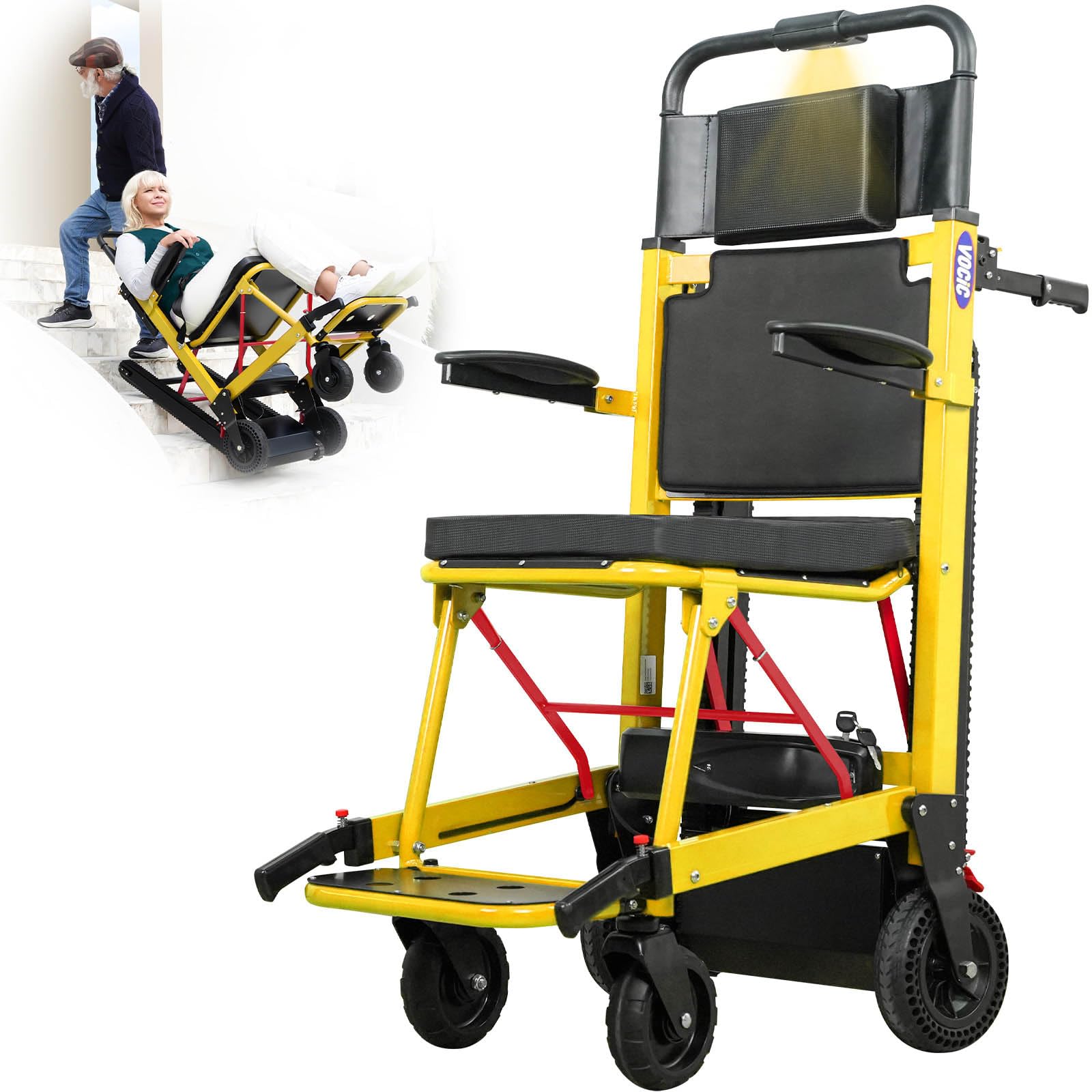 VOCIC AY04 Silla de ruedas eléctrica para subir escaleras, 220 kg | Alta capacidad de carga, con cadena de goma, para personas mayores, con luz LED (amarillo)