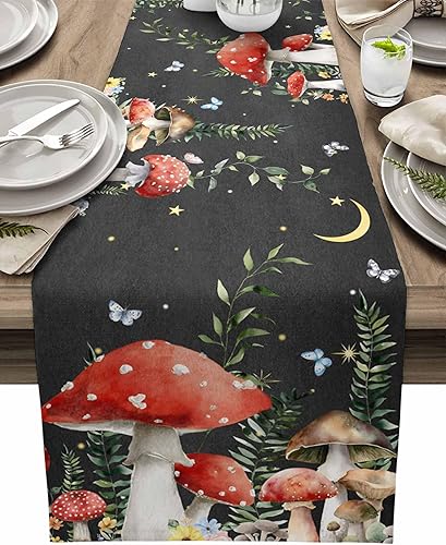 Camino de mesa de lino y algodón con hongos de granja, luna nocturna y estrellas, bufanda negra de 13 x 60 pulgadas, lavable para cocina, comedor,