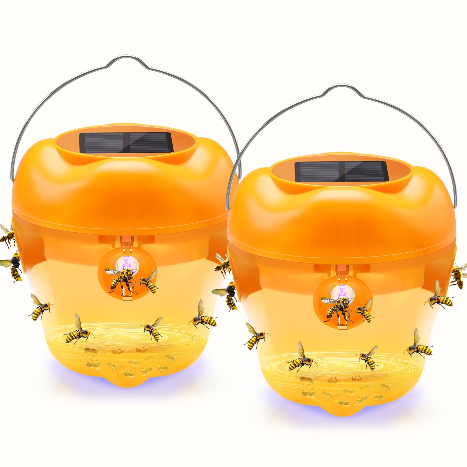 Wasp Trap, Solar Wasp Traps Hanging, Reusable Yellow Jacket Bee Trap for Outside, with LED Light, Wasps Killer, Hornet Traps for Orchard, Farm, Garden, Patio, Courtyard (Yellow)