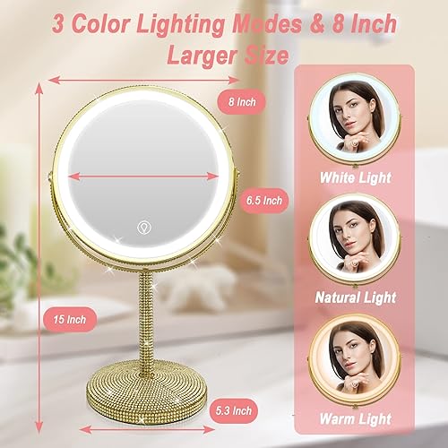 Miniatura 3 de AMZTOLIFE Crystal Diamonds - Espejo de maquillaje LED dorado con luces, espejo de tocador iluminado con aumento 10X, espejo de mesa con diamantes de