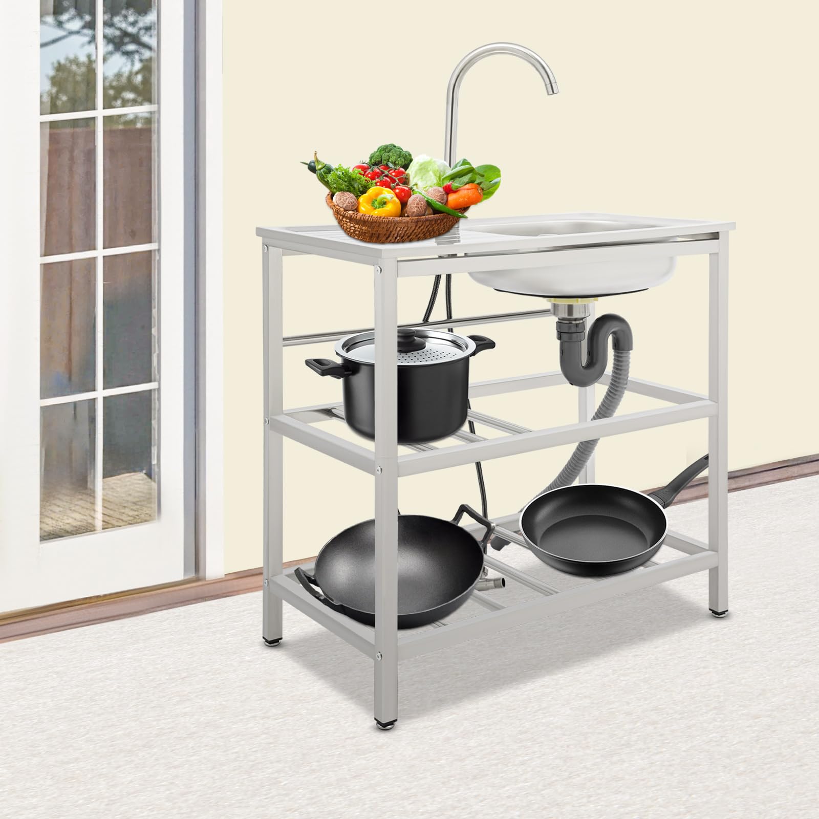 DIFU Edelstahl Spültisch 75x40x78cm Freistehende Spüle mit Unterschrank, Garten Camping Outdoor Spüle Freistehende Küchenspüle Commercial Mobile Multifunktionswaschtisch mit Plattform & Armatur