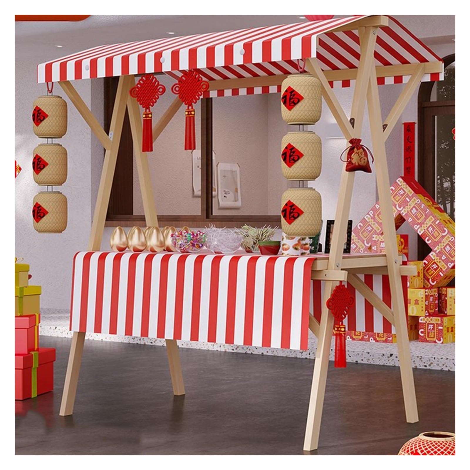 ZHANGGL Portable Foldable Food Cart - Commercial Wooden Market Stall with Tablecloth & Canopy for Ice Cream, Hot Dogs, Coffee, Candy, Cakes, Toys - Perfect for Farmers Markets &
