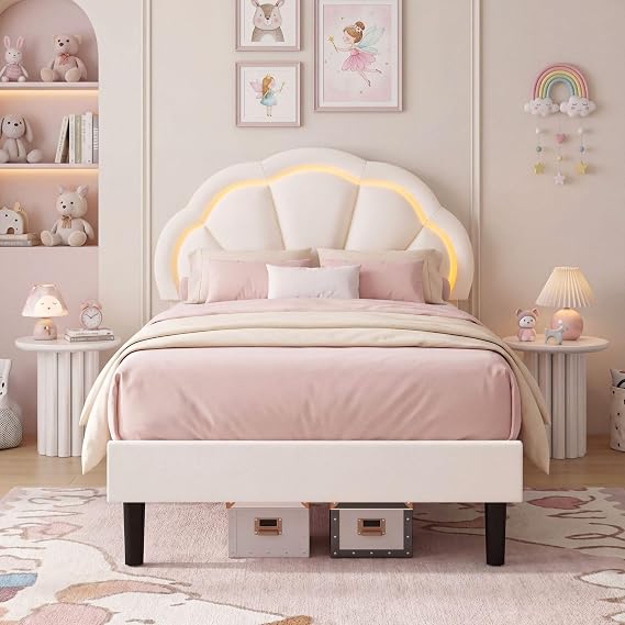Girls Twin Upholstered LED Bed Frame with Adjustable Petal Headboard, Beige