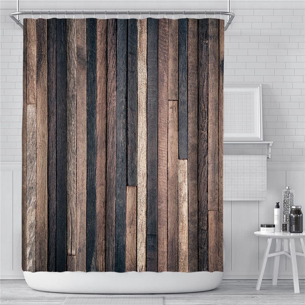 Hiseng Cortina de Ducha, Grano de Madera y Grano de Ladrillo, Cortina de Baño con 12 Anillas, Lavable Duradera Tela Impermeable Ducha Cortina Baño para Bañera (Madera marrón,150x180cm)