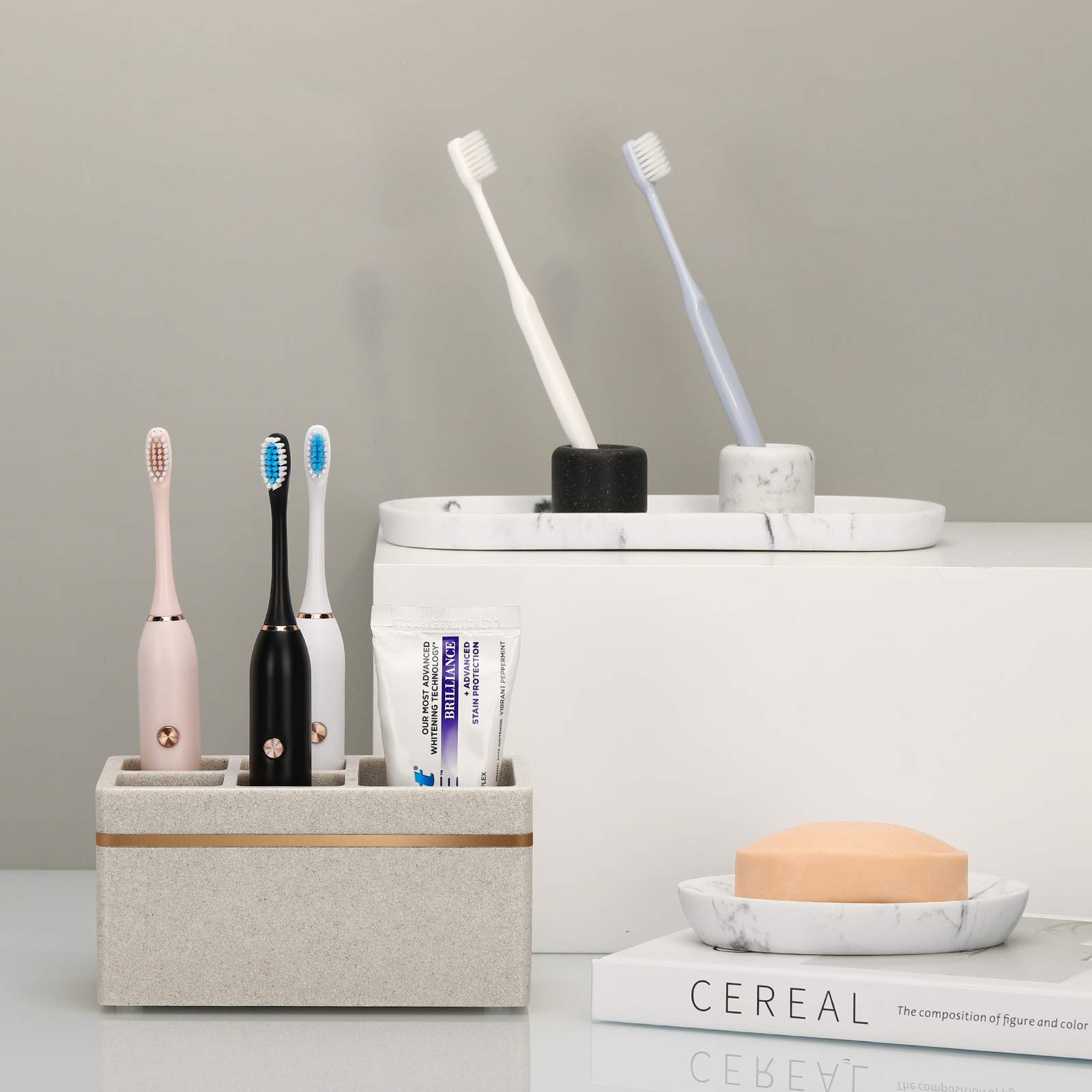 Shinowa Portaspazzolino Grande (5 Slot per Spazzolino da Denti), Supporto per Dentifricio Portaspazzolini Elettrico da Bagno Moderno in Resina con Foro di Drenaggio Decorativo Filo d'oro - Kaki
