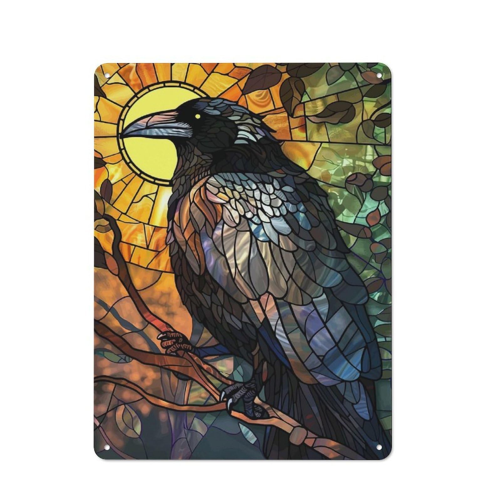 Understated Stained Glass Raven And Sun Metal Wall Plaque 40x30cm, Creative Space Decor for Office, Study, Studio Or Hallway