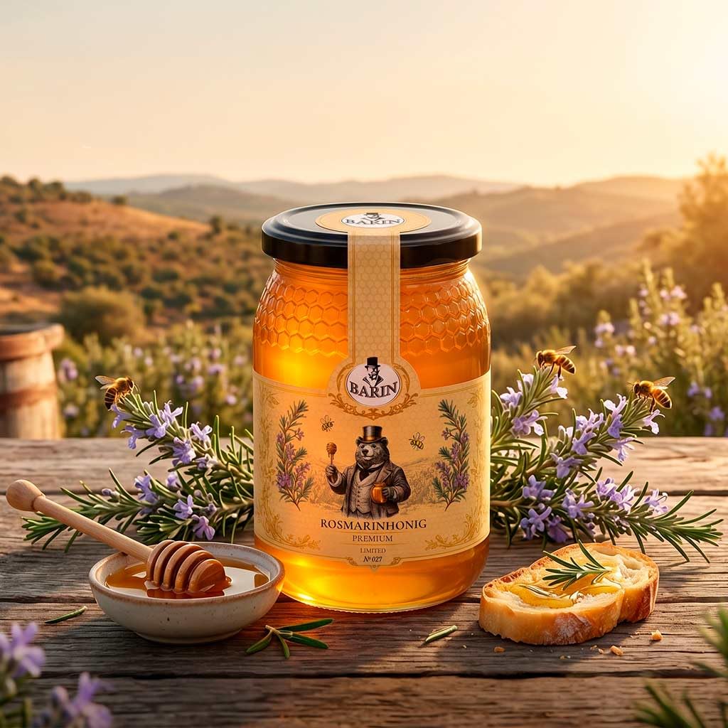 BARIN Honig Geschenkset – 6 Sorten Premium Sortenhonig aus Portugal (6×500 g), Probierset im Geschenkkarton mit Holz-Honiglöffel, Orangen-, Eukalyptus-, Kastanien-, Heide-, Lavendel- &