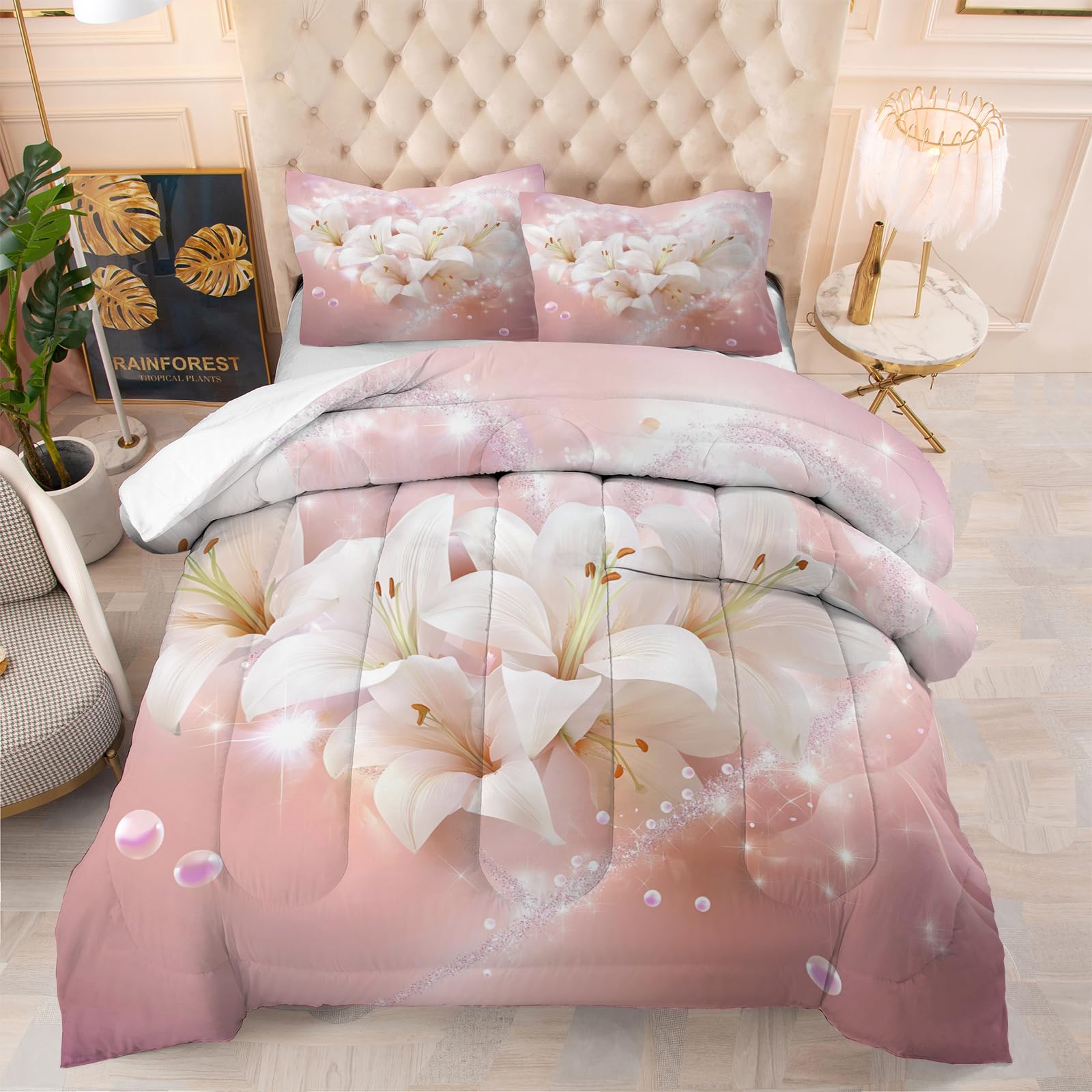 GSAEIMCT Double Size Duvet All Seasons, Ultra Soft Coverless Duvet, Lightweight Down Alternative Printed Comforter, 200x200cm with 2 Pillowcases, Pink Bubble Lily