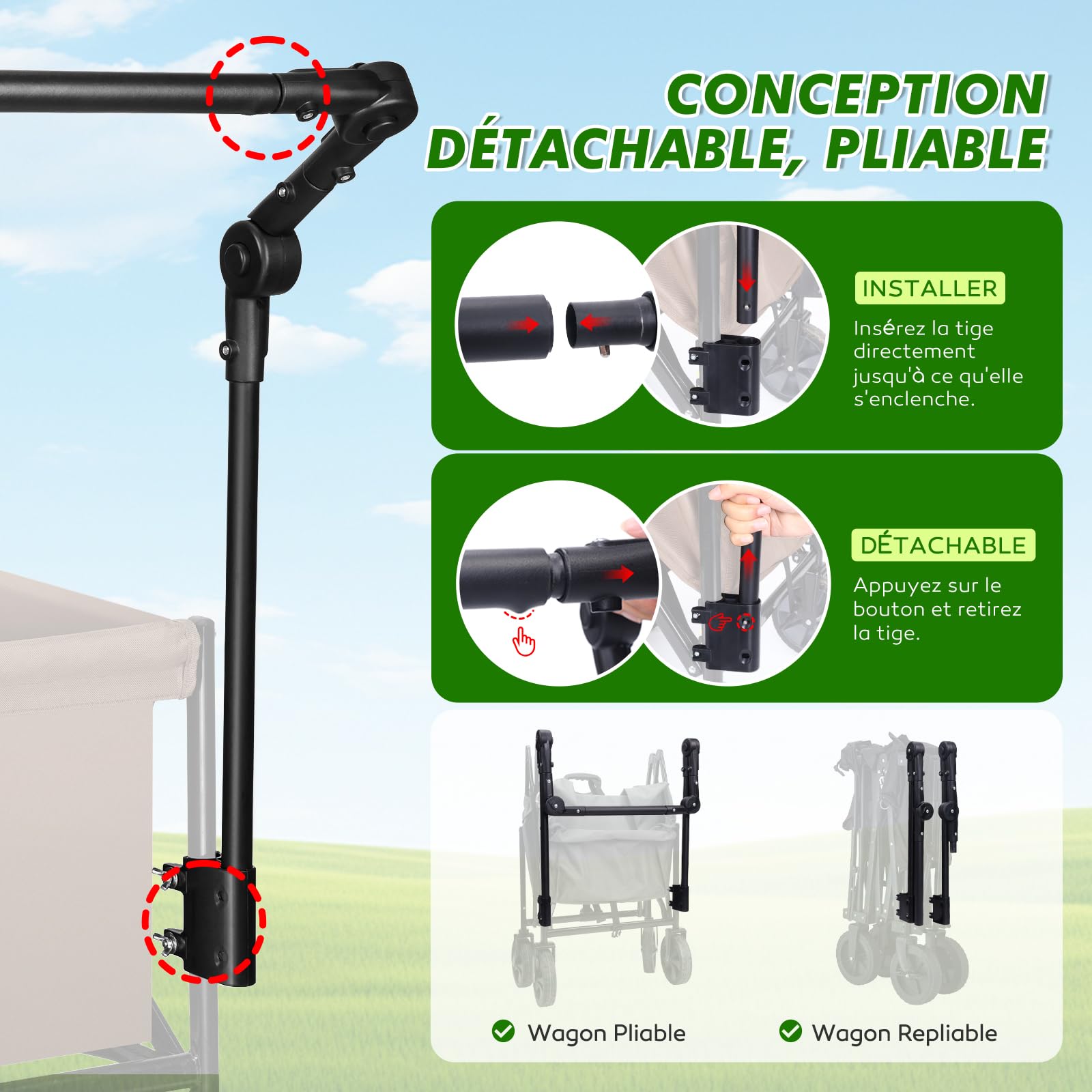Poignée Universelle Pliable pour Chariot - Barre de Poussée/Traction Ergonomique en Acier Renforcé pour Caddies, Chariots de Plage, Poussettes et Landaus