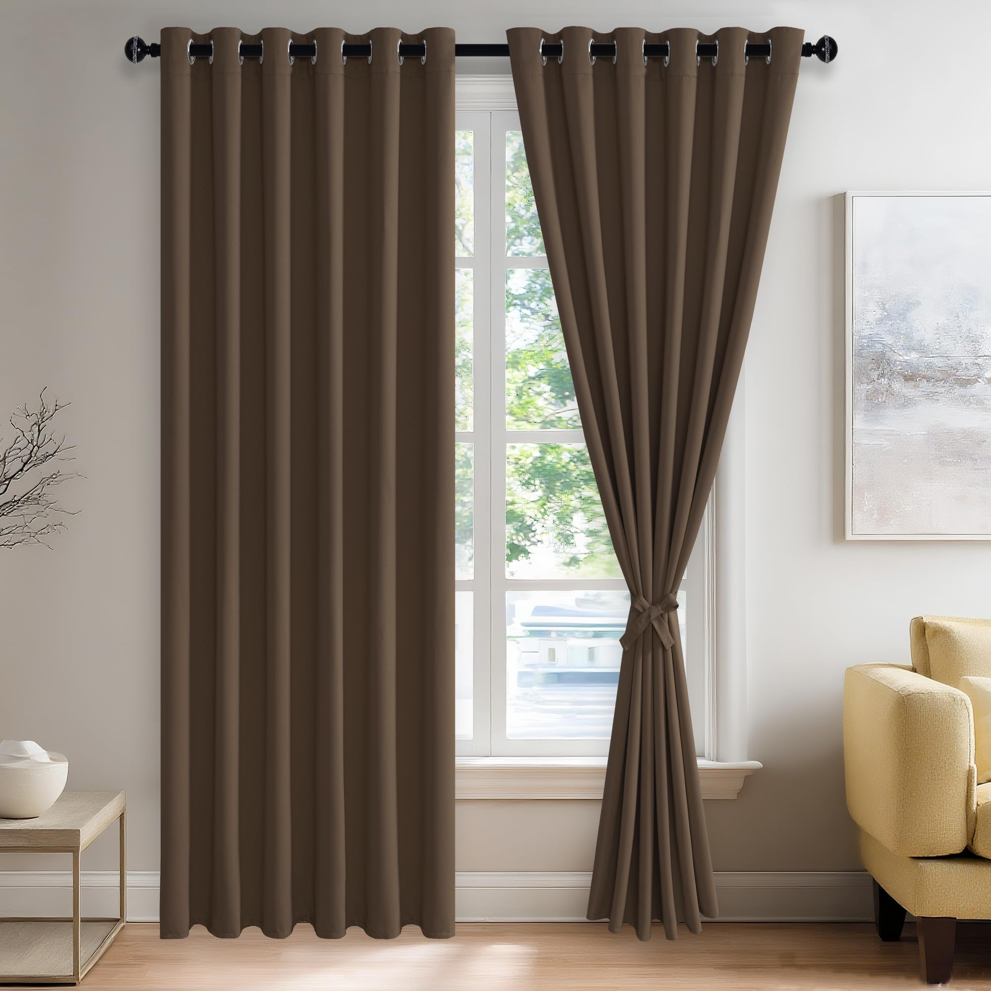 JIUZHEN Brown Blackout Curtains with Tiebacks - Thermal Insulated, Light Blocking and Noise Reducing Grommet Curtains for Bedroom and Living Room, Set of 2 Window Curtain Panels, 70 x 84 Inch Length