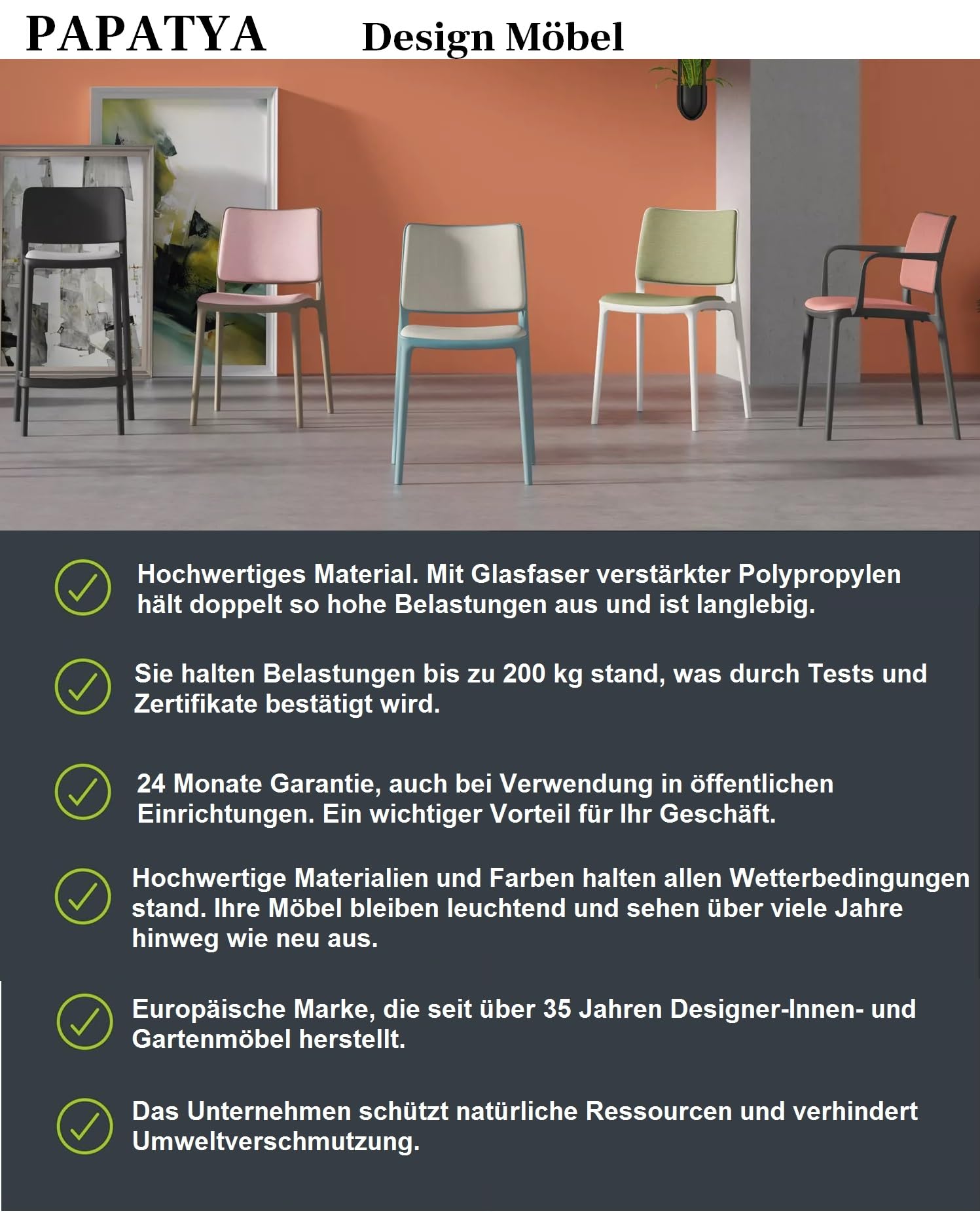 PAPATYA Joy-K Designstuhl mit Einer Belastbarkeit von 200 kg stapelbar, Terassenstuhl aus Kunststoff UV beständig, Leichter Stuhl mit Rückenlehne für Balkonstuhl aus Polypropylen (1, Grau-braun)