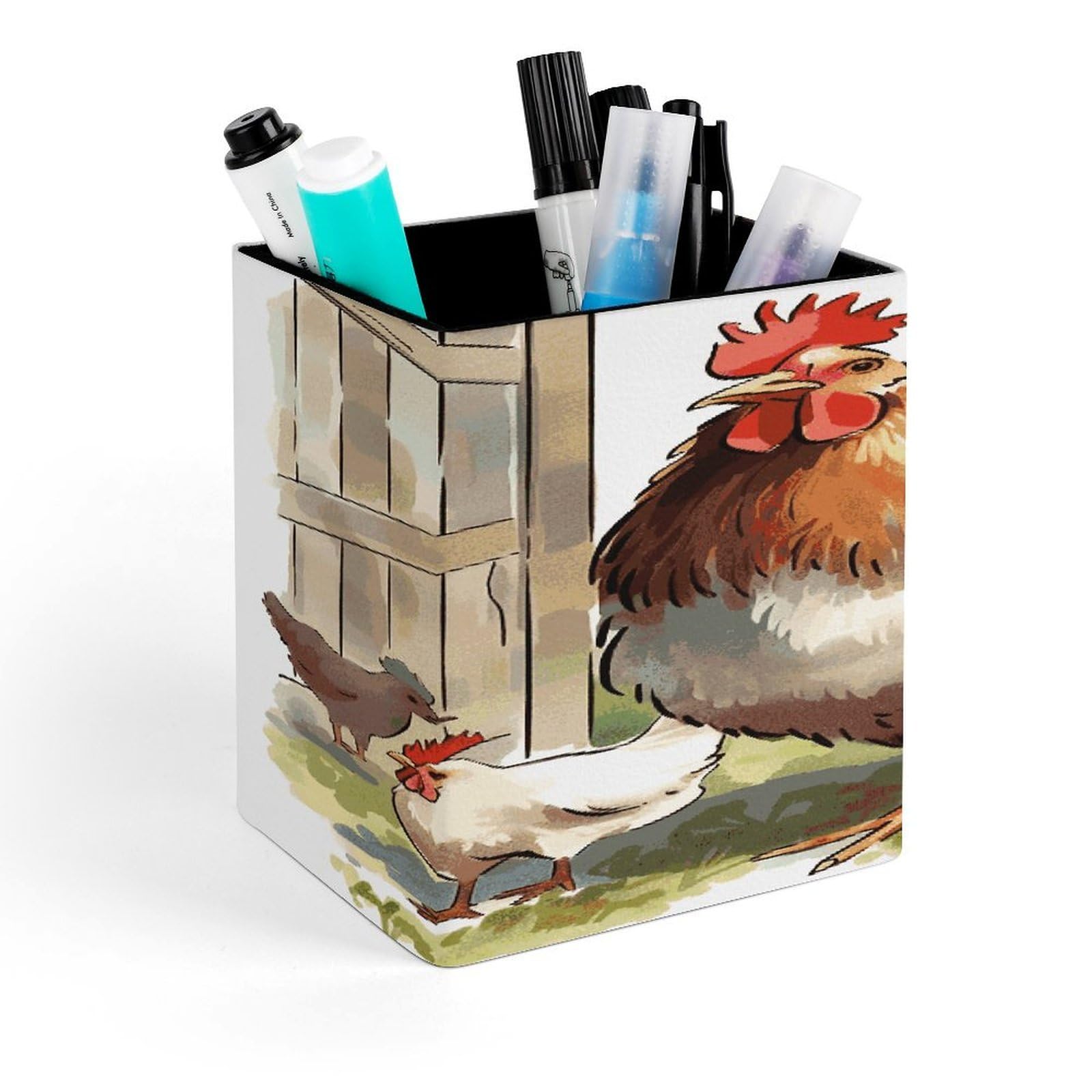 JTREHY Farm Animals Pen Holder Square Pen Pencil Holder Makeup Brush Holders Cup PU Leather Pencil Cups Desktop Caddy Stationery Organizer Case Office Accessories Container Box