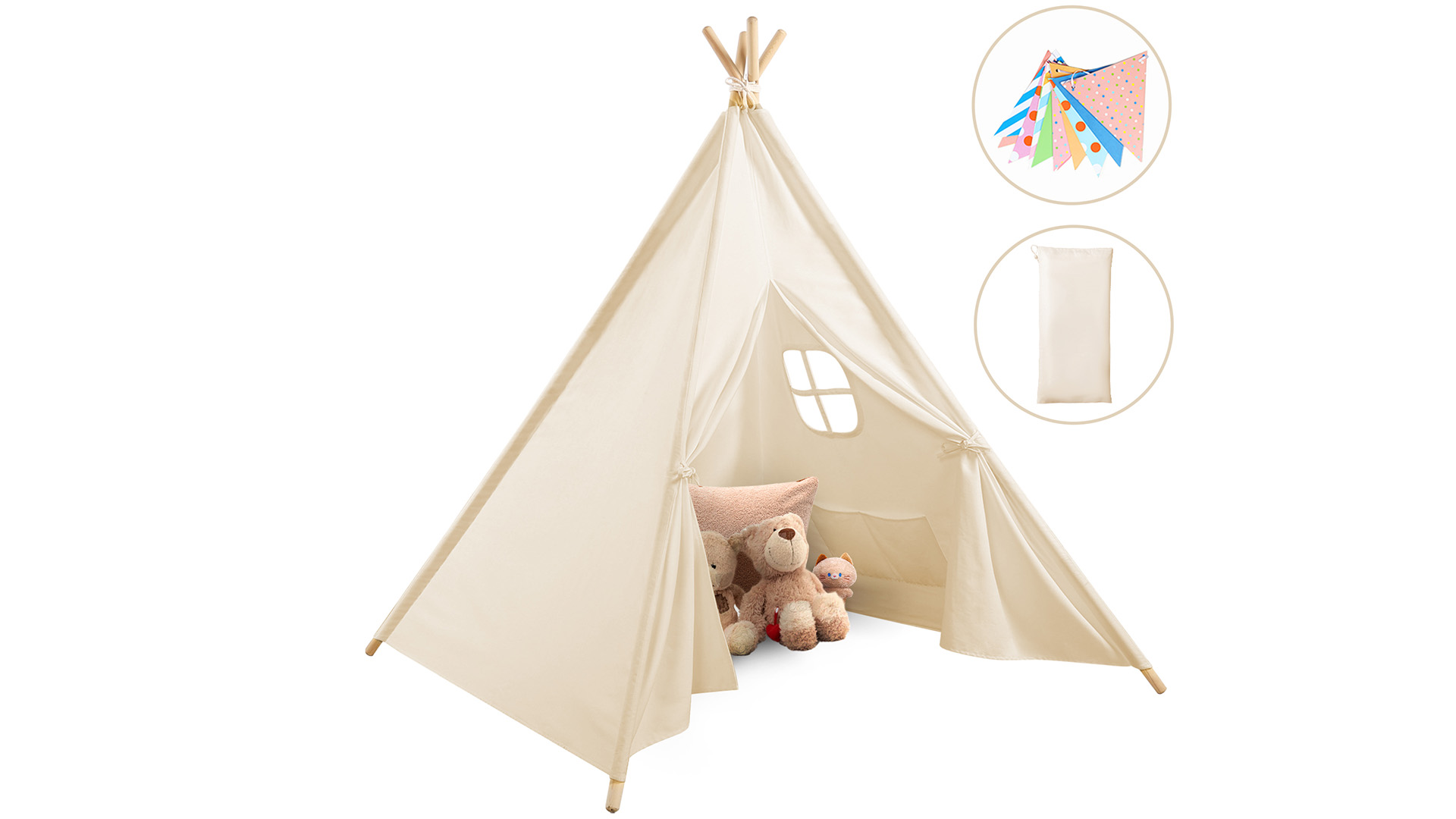 Tente Tipi Pour Enfants En Coton Avec Drapeaux Décoratifs & Fenêtre Structure Stable En Bois 137 X 145 X 121 CM Intérieur Et Extérieur Beige